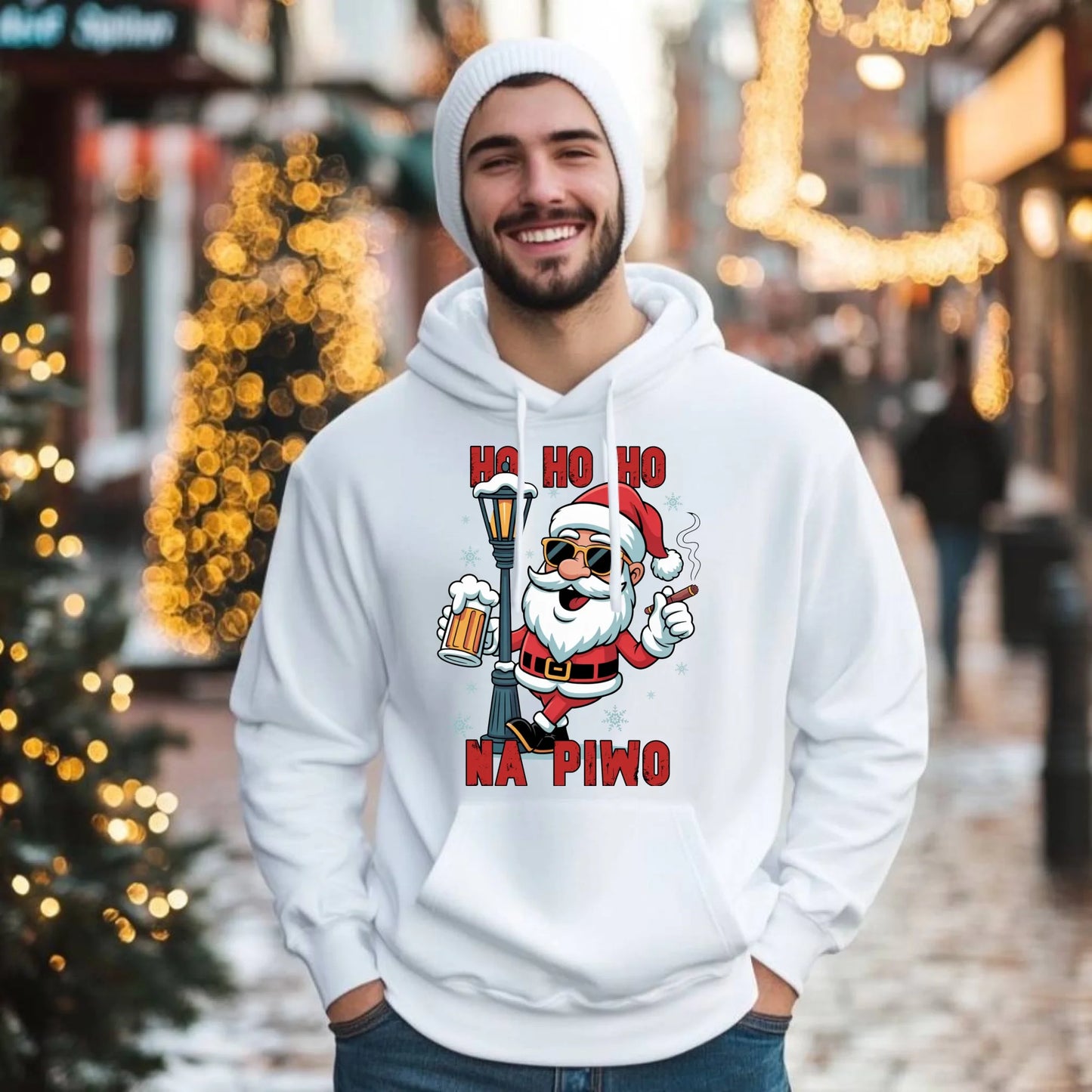 Bluza męska z kapturem świąteczna - Mikołaj Ho ho ho na piwo BN64 - StoryCups.pl