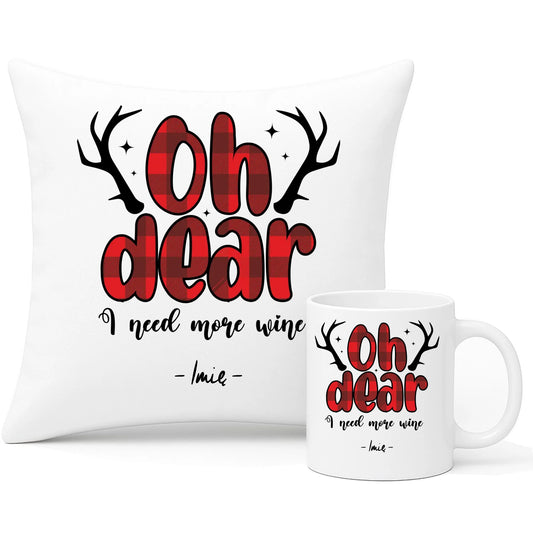 Zestaw poduszka i kubek świąteczny - Oh dear I need more wine - personalizowany BN63 - StoryCups.pl