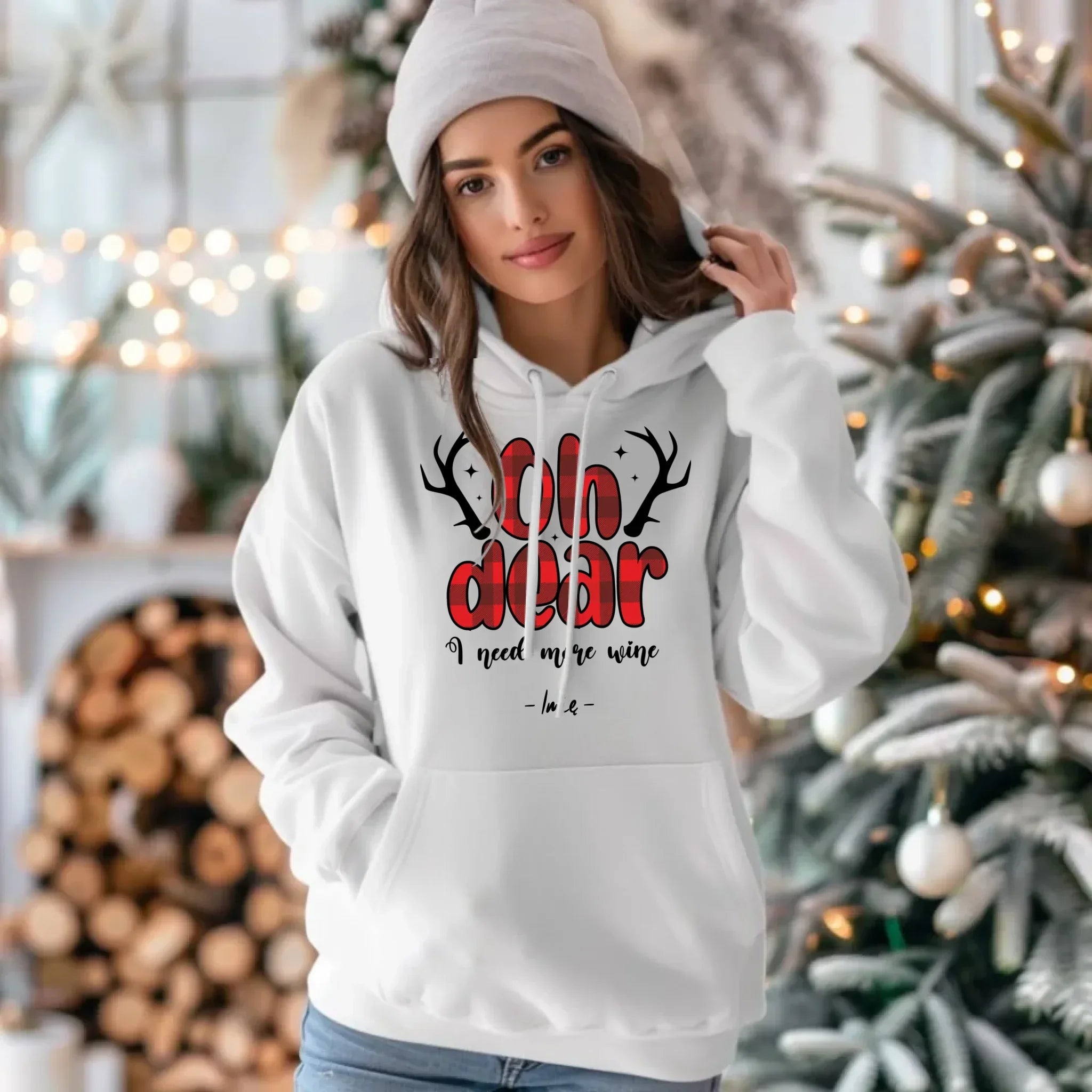 Bluza damska z kapturem świąteczna - Oh dear I need more wine - personalizowana BN63 - StoryCups.pl