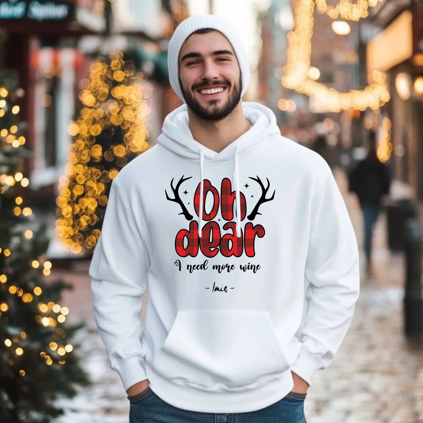 Bluza męska z kapturem świąteczna - Oh dear I need more wine - personalizowana BN63 - StoryCups.pl