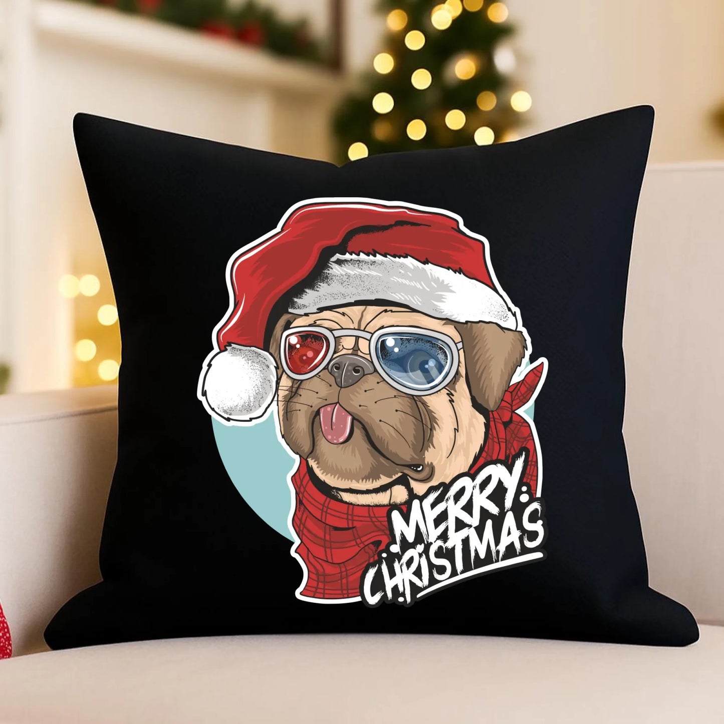 Poduszka dekoracyjna świąteczna - Mops Merry Christmas BN62 - StoryCups.pl