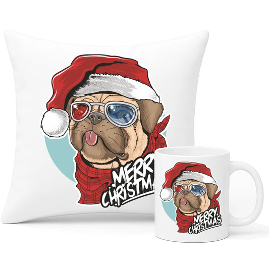 Zestaw poduszka i kubek świąteczny - Mops Merry Christmas BN62 - StoryCups.pl