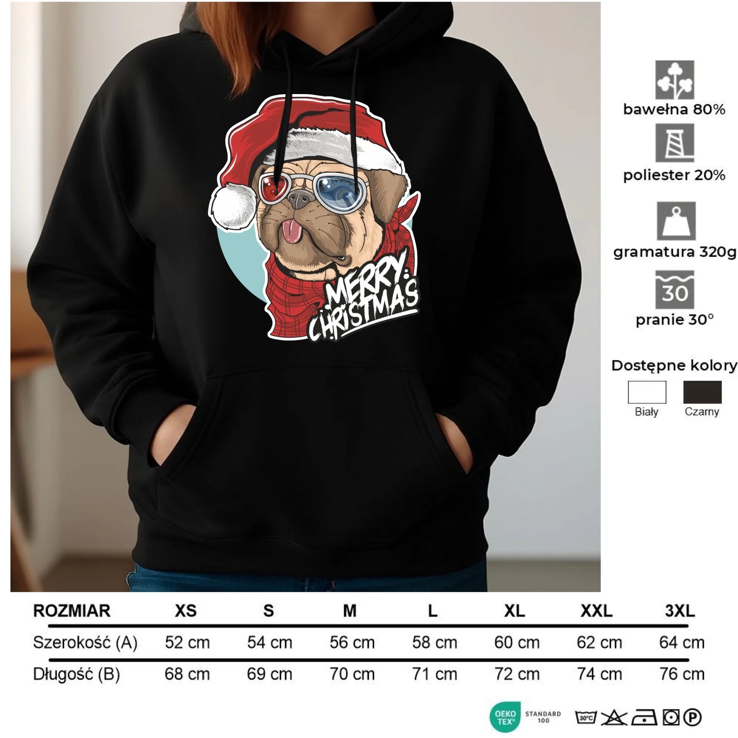 Bluza damska z kapturem świąteczna - Mops Merry Christmas BN62 - StoryCups.pl