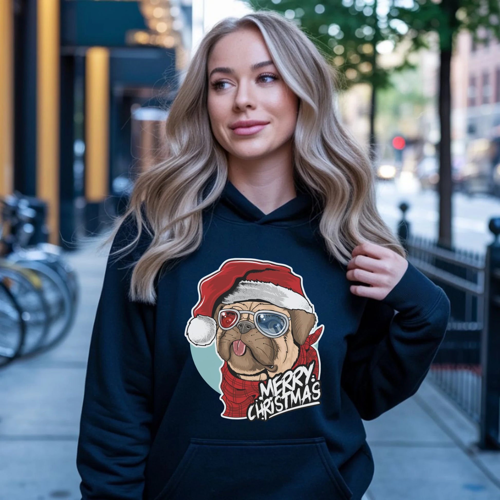 Bluza damska z kapturem świąteczna - Mops Merry Christmas BN62 - StoryCups.pl