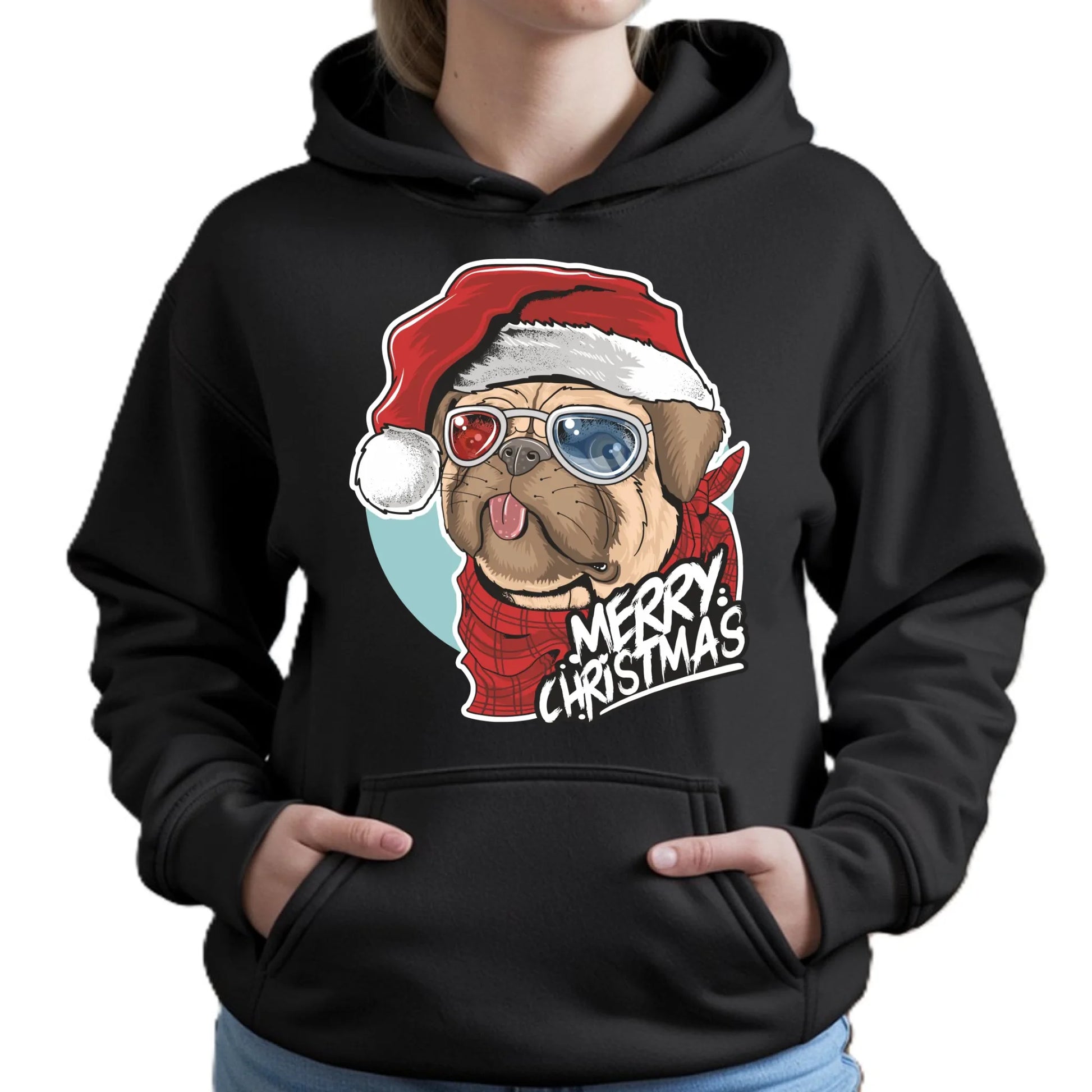 Bluza damska z kapturem świąteczna - Mops Merry Christmas BN62 - StoryCups.pl
