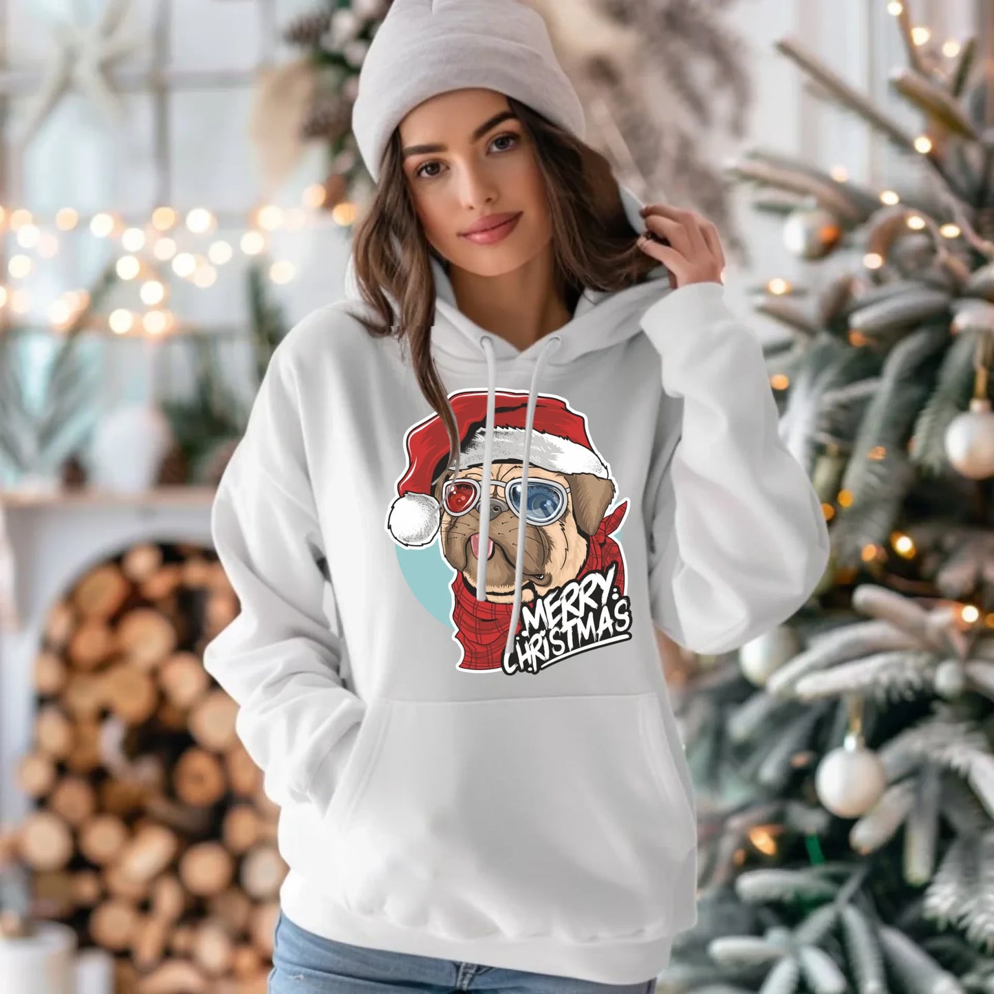 Bluza damska z kapturem świąteczna - Mops Merry Christmas BN62 - StoryCups.pl