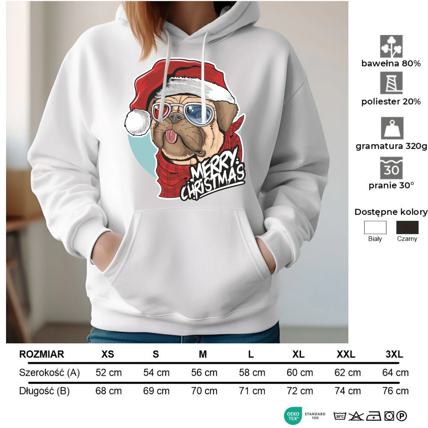 Bluza damska z kapturem świąteczna - Mops Merry Christmas BN62 - StoryCups.pl