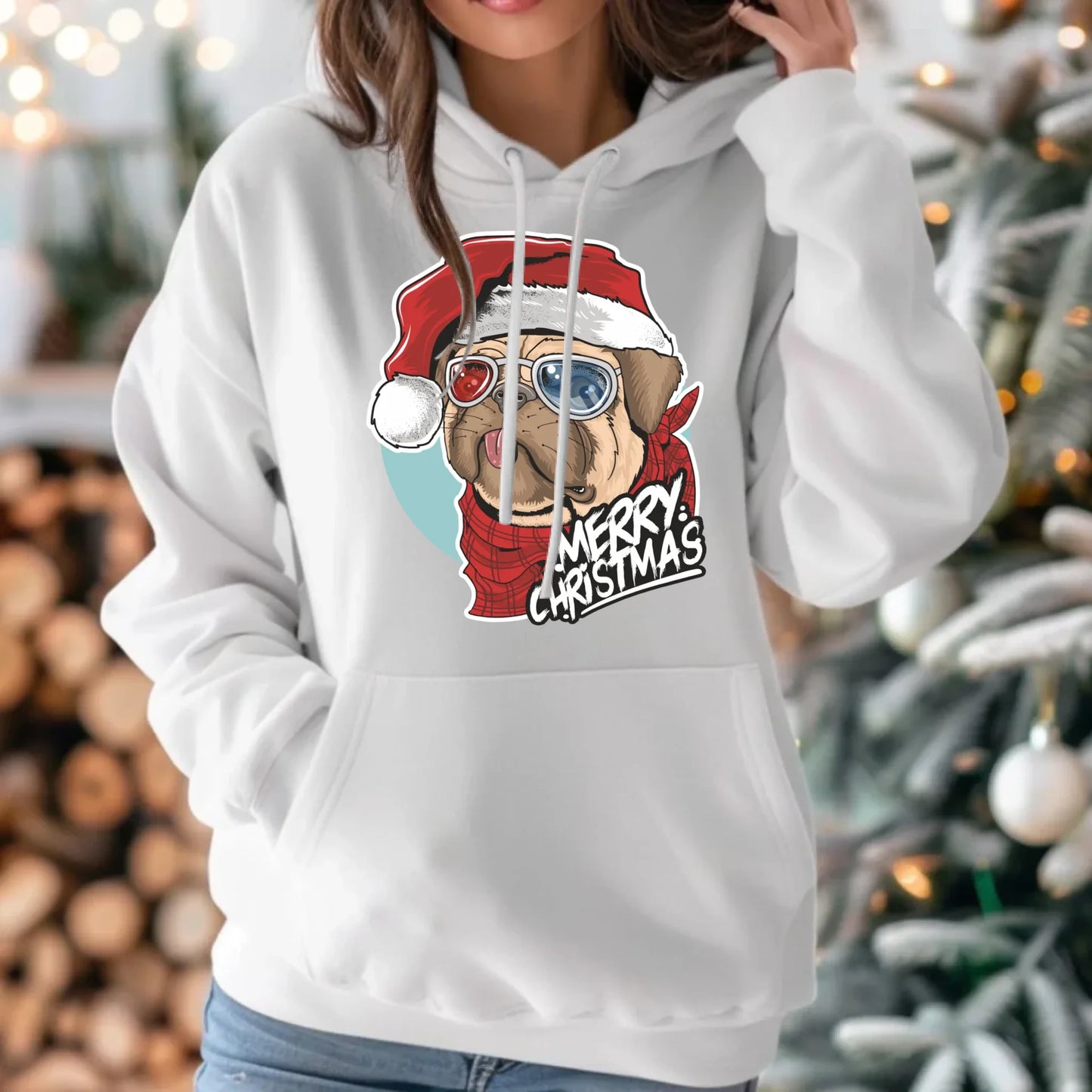 Bluza damska z kapturem świąteczna - Mops Merry Christmas BN62 - StoryCups.pl