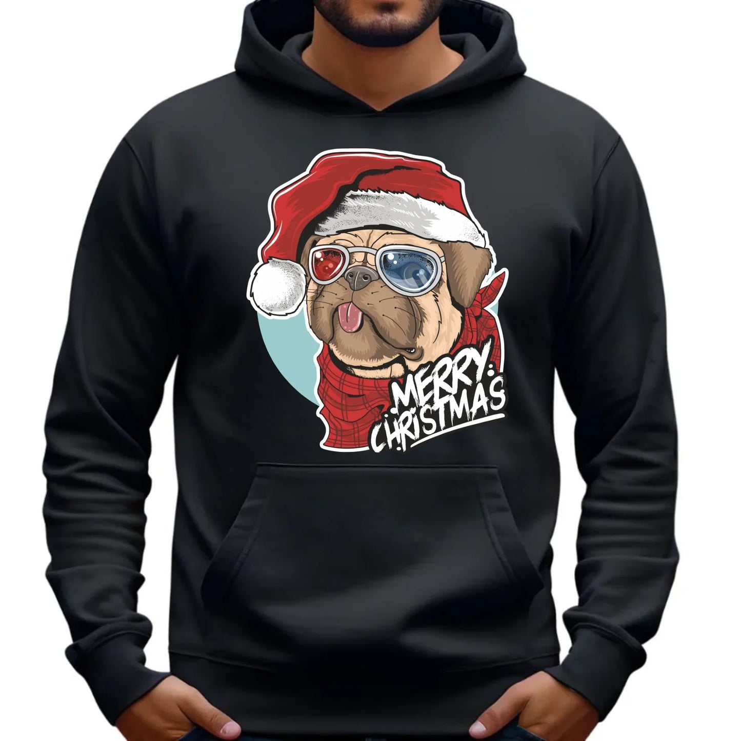 Bluza męska z kapturem świąteczna - Mops Merry Christmas BN62 - StoryCups.pl