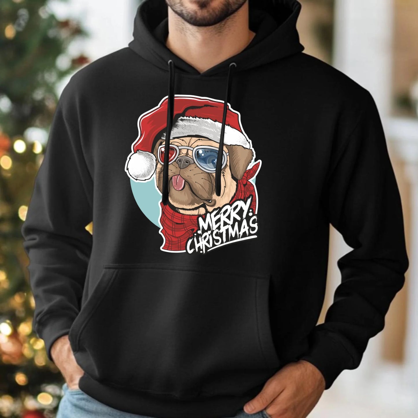 Bluza męska z kapturem świąteczna - Mops Merry Christmas BN62 - StoryCups.pl