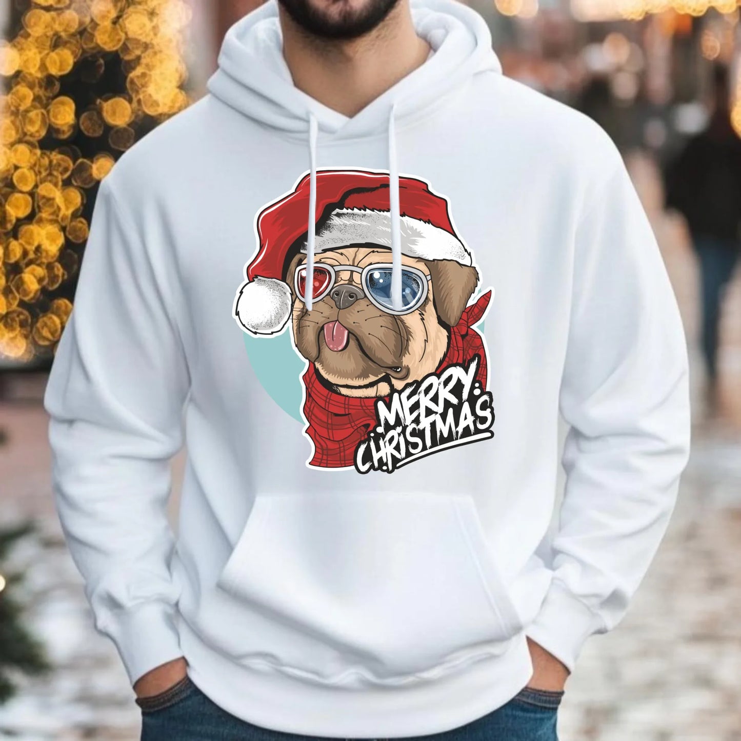 Bluza męska z kapturem świąteczna - Mops Merry Christmas BN62 - StoryCups.pl