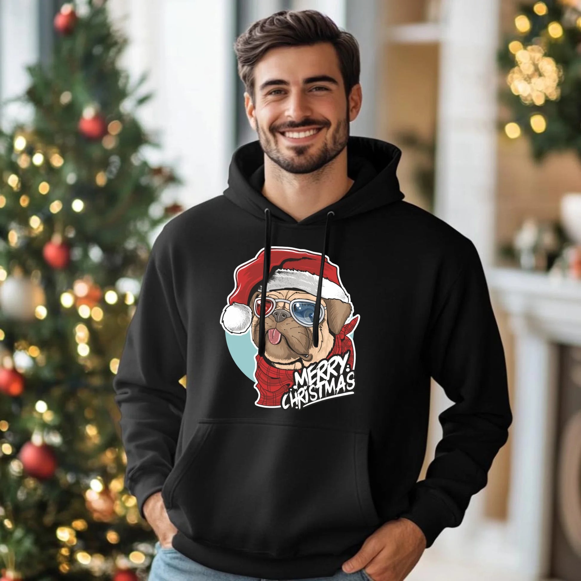 Bluza męska z kapturem świąteczna - Mops Merry Christmas BN62 - StoryCups.pl