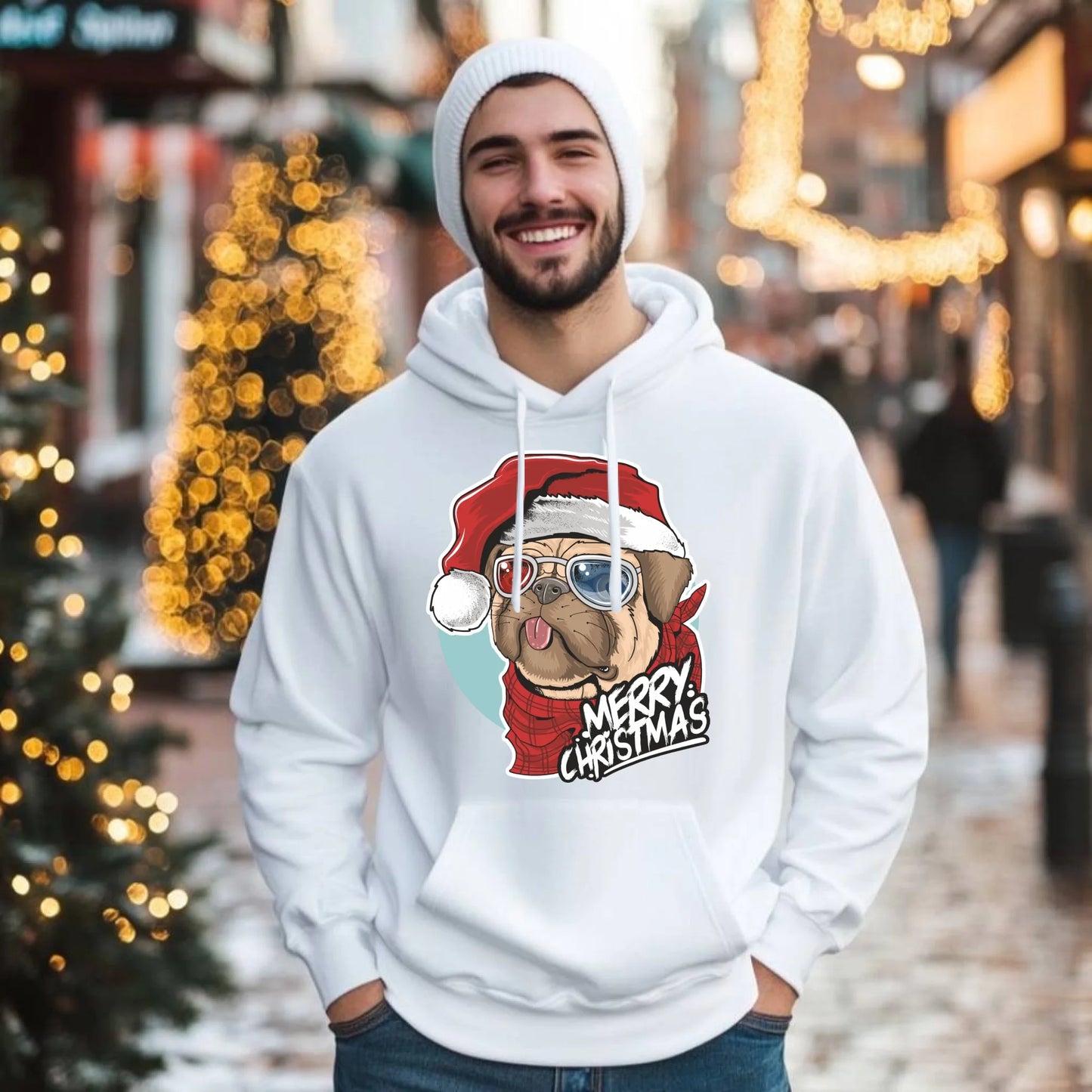 Bluza męska z kapturem świąteczna - Mops Merry Christmas BN62 - StoryCups.pl