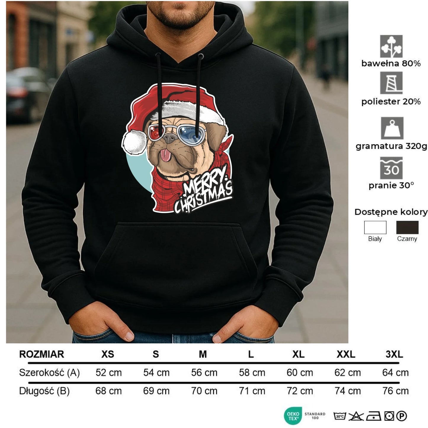 Bluza męska z kapturem świąteczna - Mops Merry Christmas BN62 - StoryCups.pl