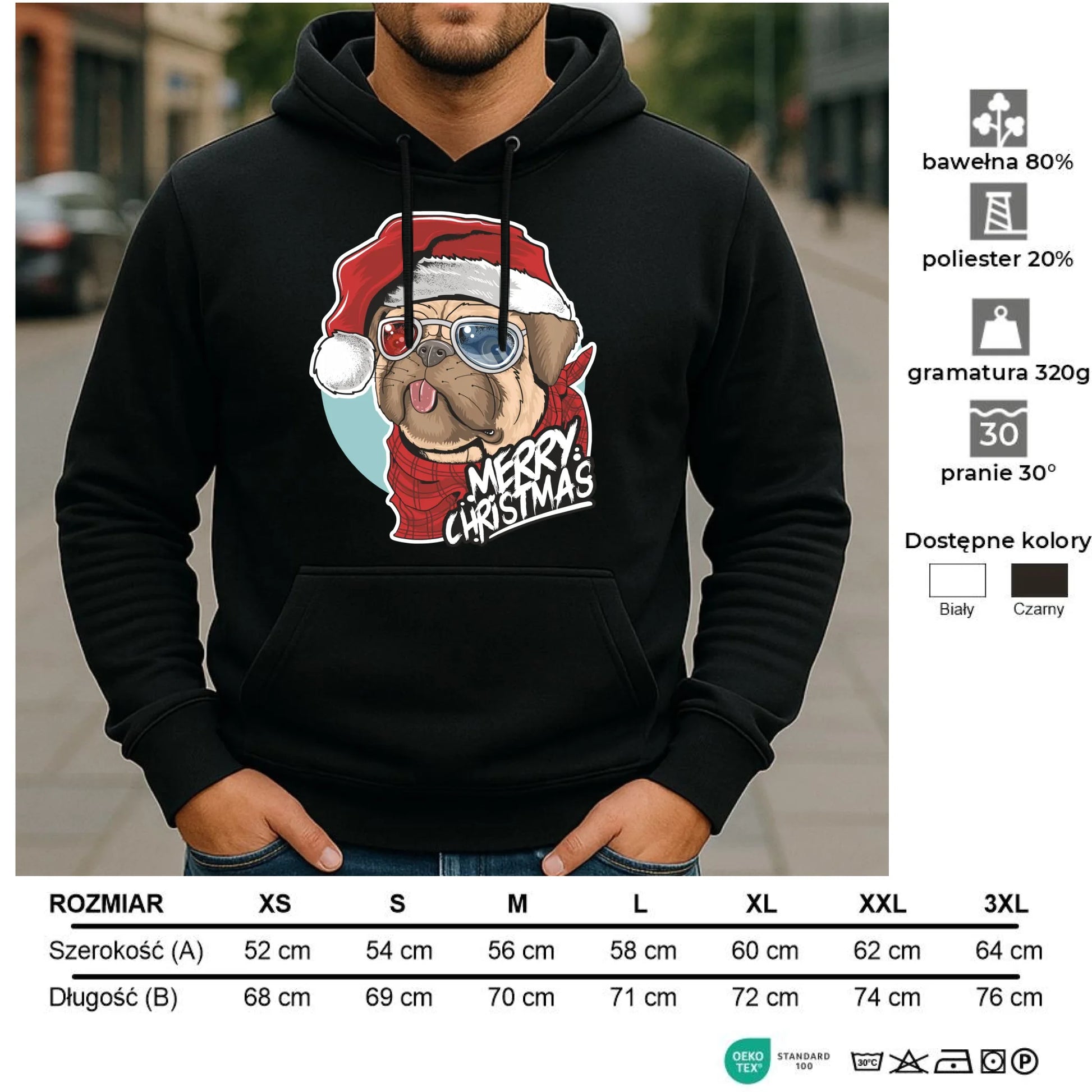 Bluza męska z kapturem świąteczna - Mops Merry Christmas BN62 - StoryCups.pl