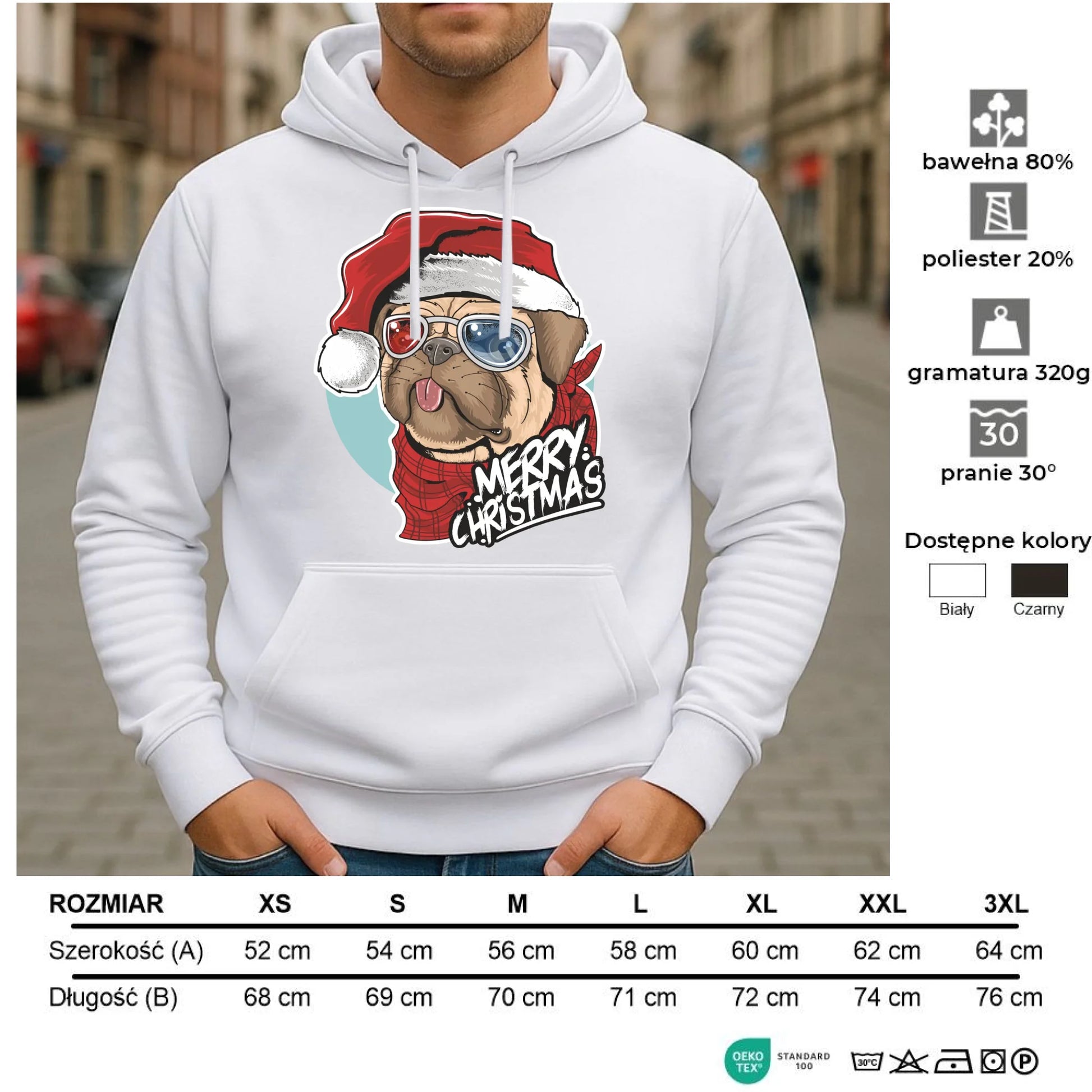 Bluza męska z kapturem świąteczna - Mops Merry Christmas BN62 - StoryCups.pl