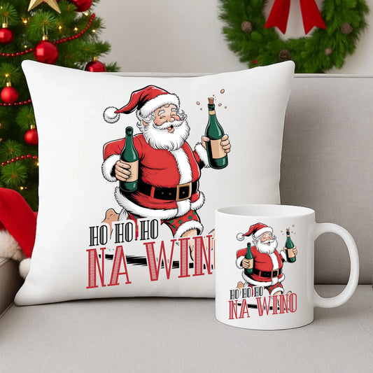 Zestaw poduszka i kubek świąteczny - Mikołaj Ho ho ho na wino BN61 - StoryCups.pl