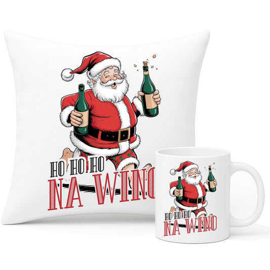Zestaw poduszka i kubek świąteczny - Mikołaj Ho ho ho na wino BN61 - StoryCups.pl