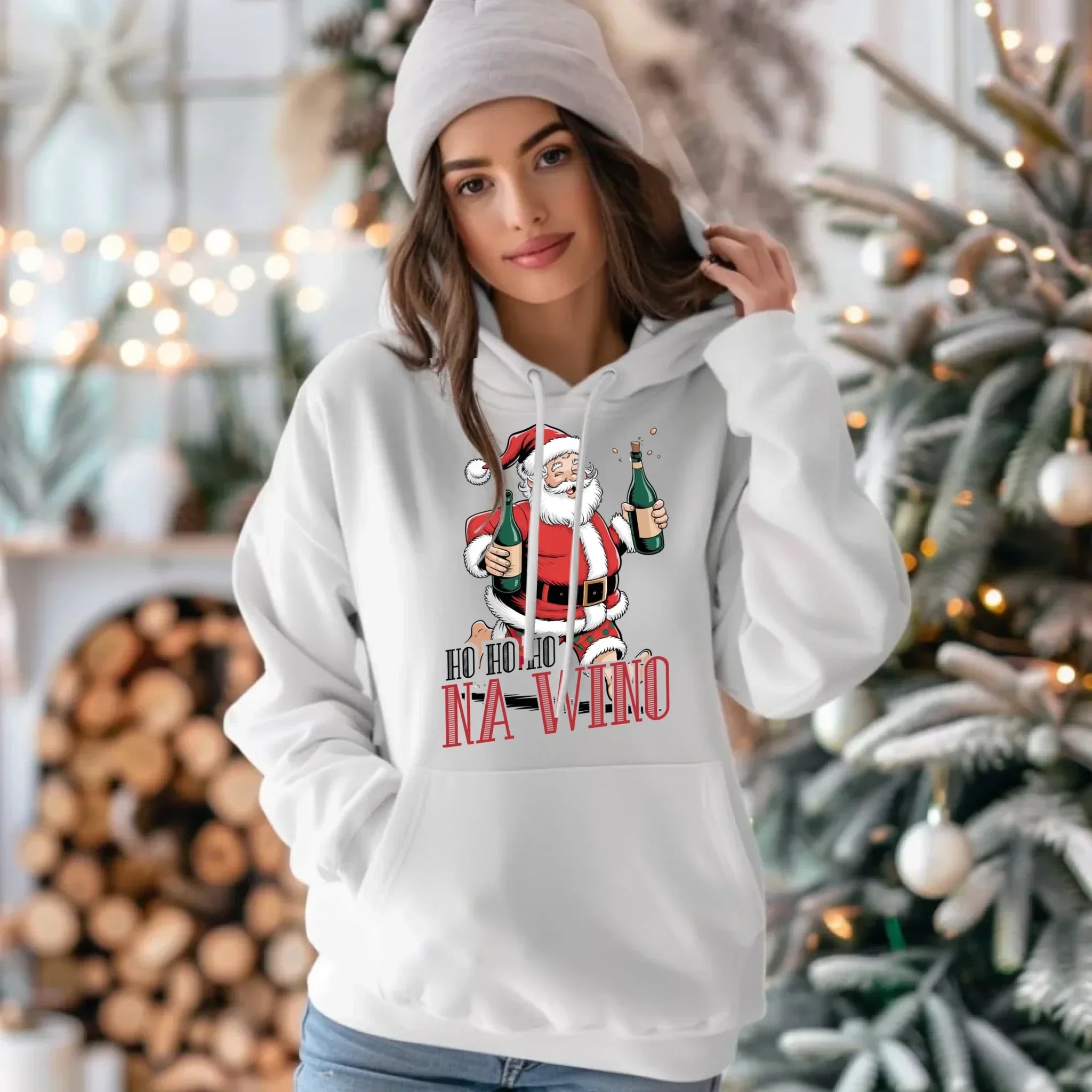 Bluza damska z kapturem świąteczna - Mikołaj Ho ho ho na wino BN61 - StoryCups.pl