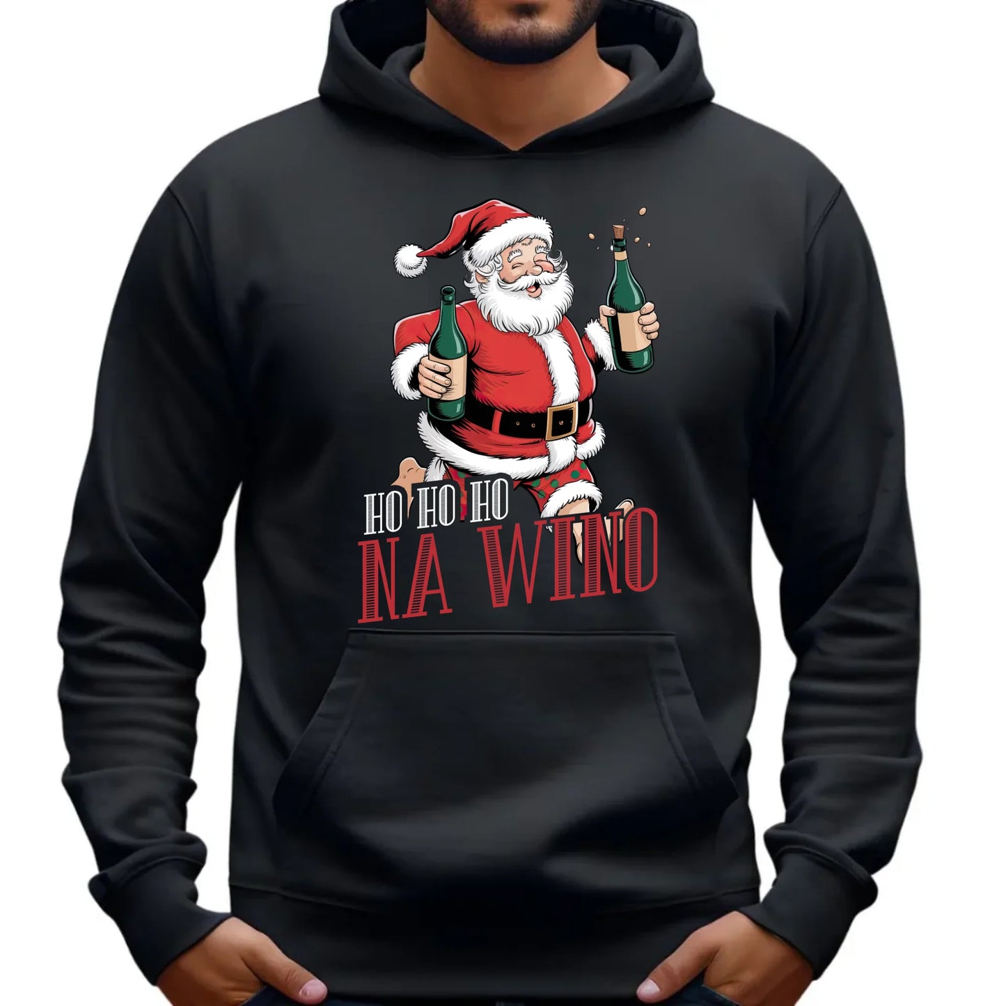 Bluza męska z kapturem świąteczna - Mikołaj Ho ho ho na wino BN61 - StoryCups.pl