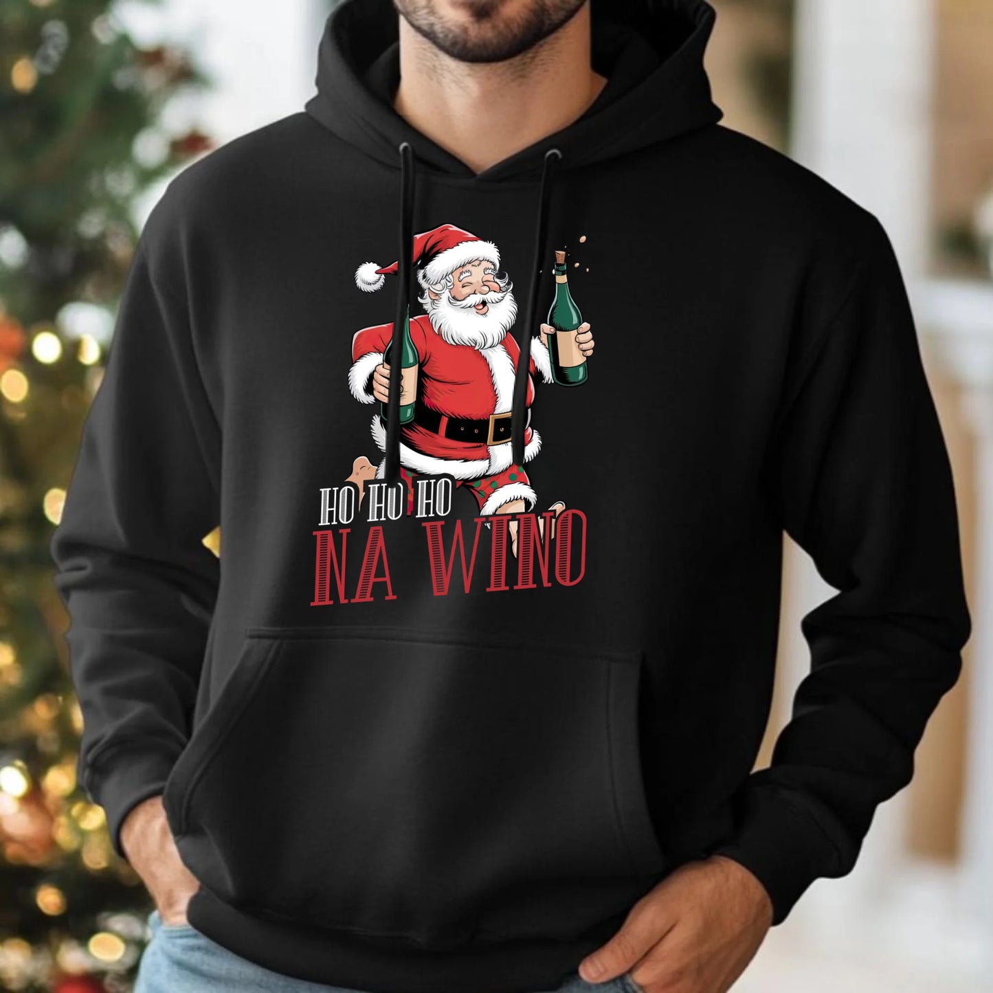 Bluza męska z kapturem świąteczna - Mikołaj Ho ho ho na wino BN61 - StoryCups.pl