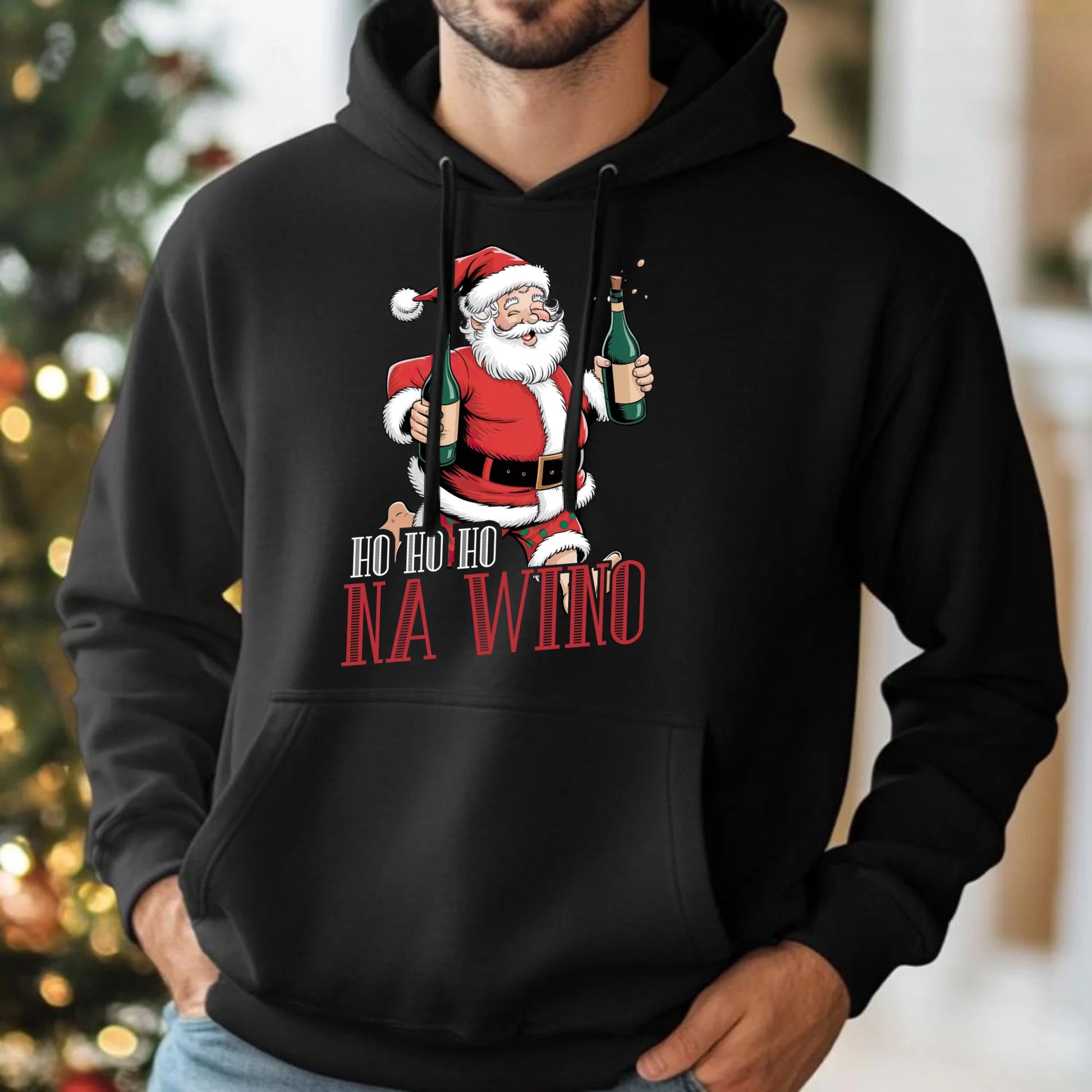 Bluza męska z kapturem świąteczna - Mikołaj Ho ho ho na wino BN61 - StoryCups.pl