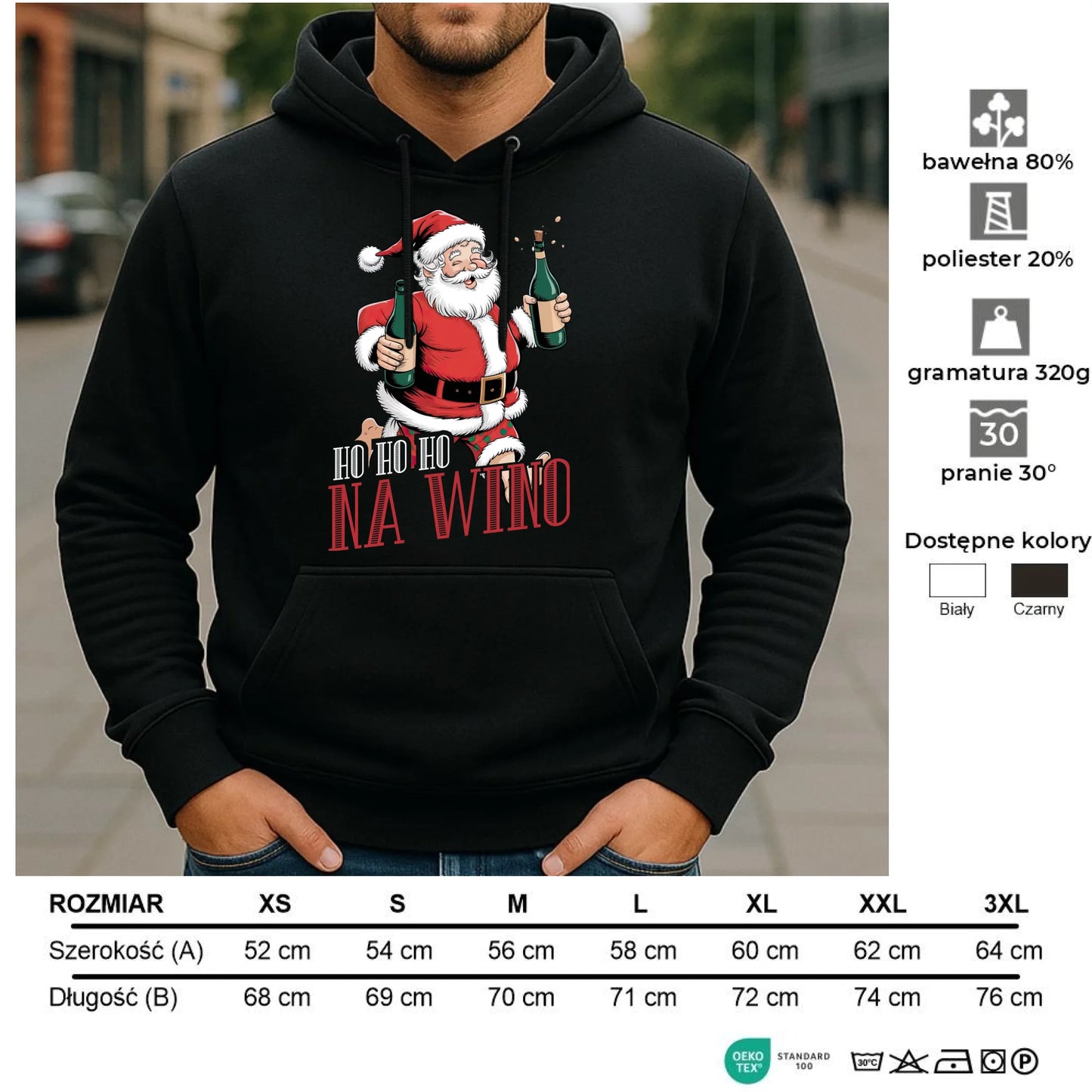 Bluza męska z kapturem świąteczna - Mikołaj Ho ho ho na wino BN61 - StoryCups.pl