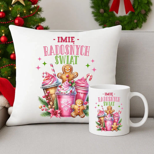 Zestaw poduszka i kubek świąteczny - Radosnych Świąt - personalizowany BN58 - StoryCups.pl