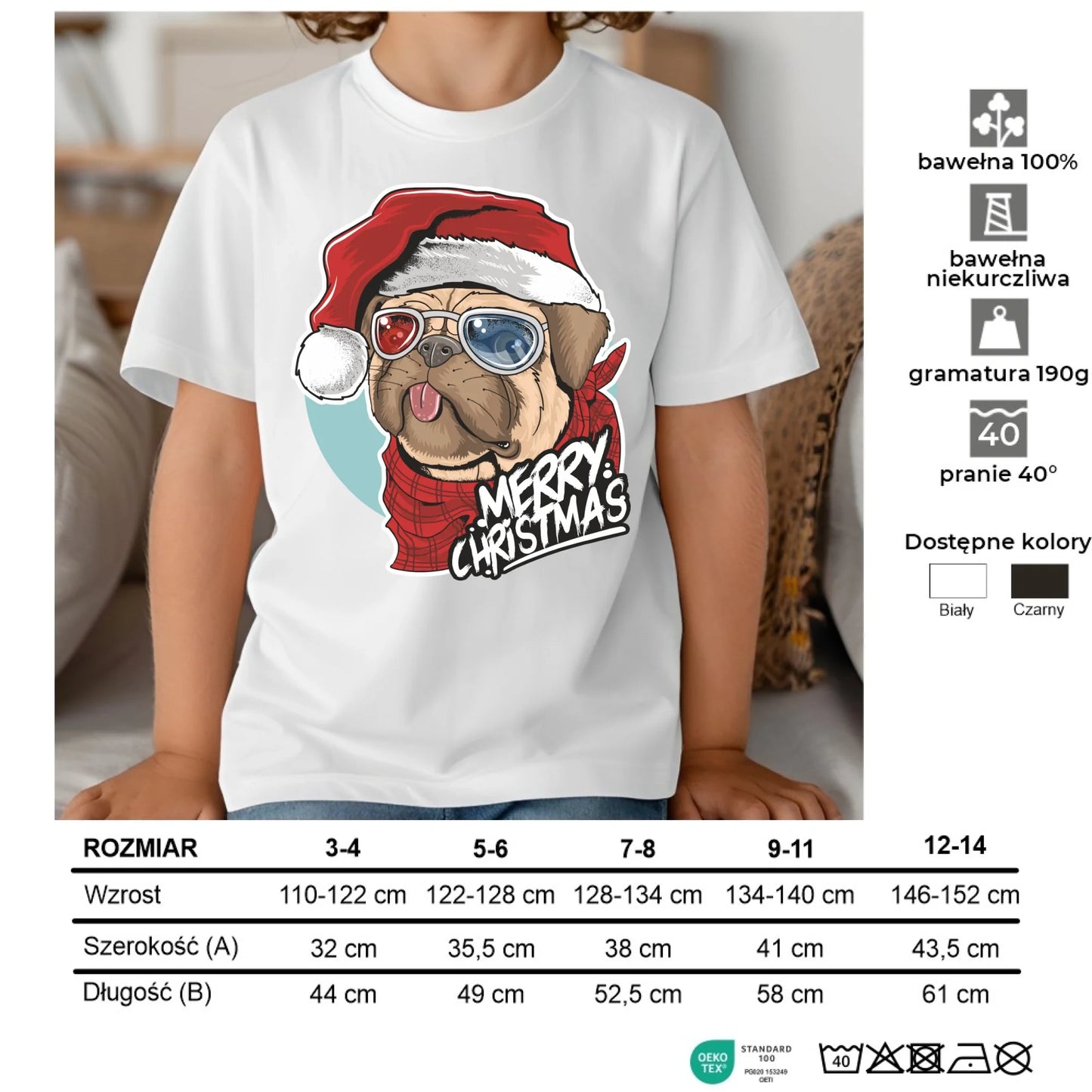 Koszulka dziecięca świąteczna - Mops Merry Christmas BN62