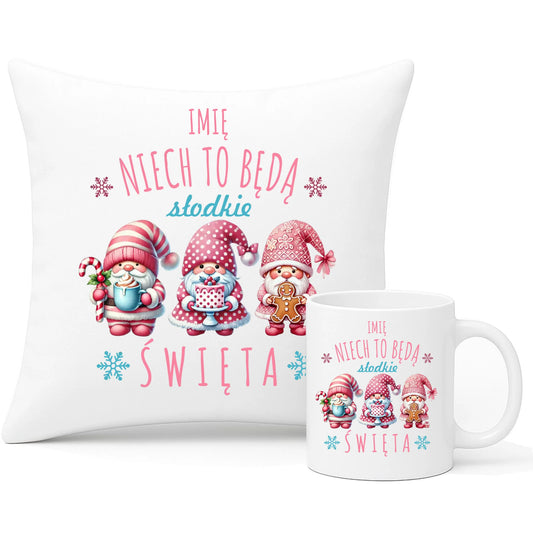 Zestaw poduszka i kubek świąteczny - Skrzaty Słodkie Święta - personalizowany BN57 - StoryCups.pl