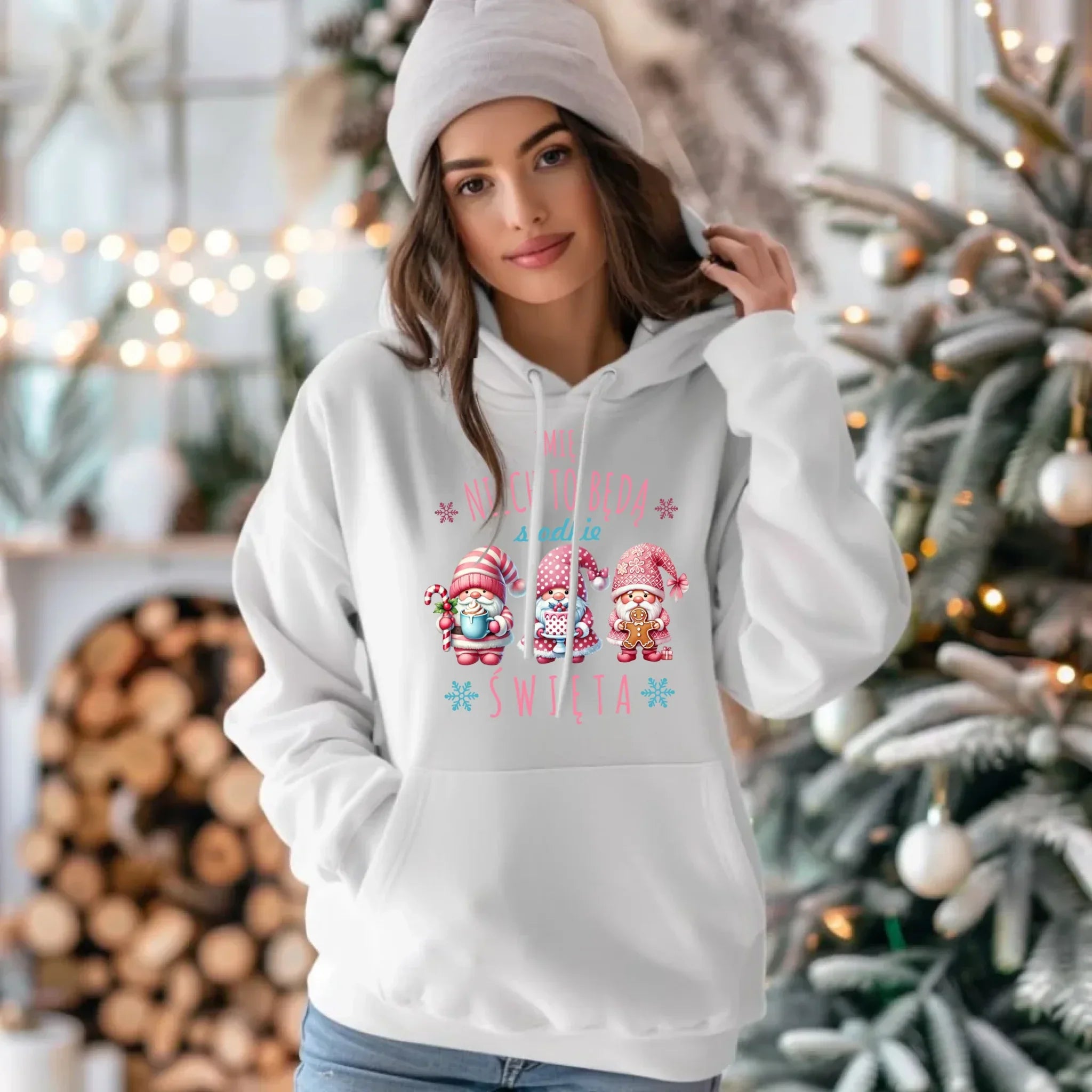 Bluza damska z kapturem świąteczna - Skrzaty Słodkie Święta - personalizowana BN57 - StoryCups.pl