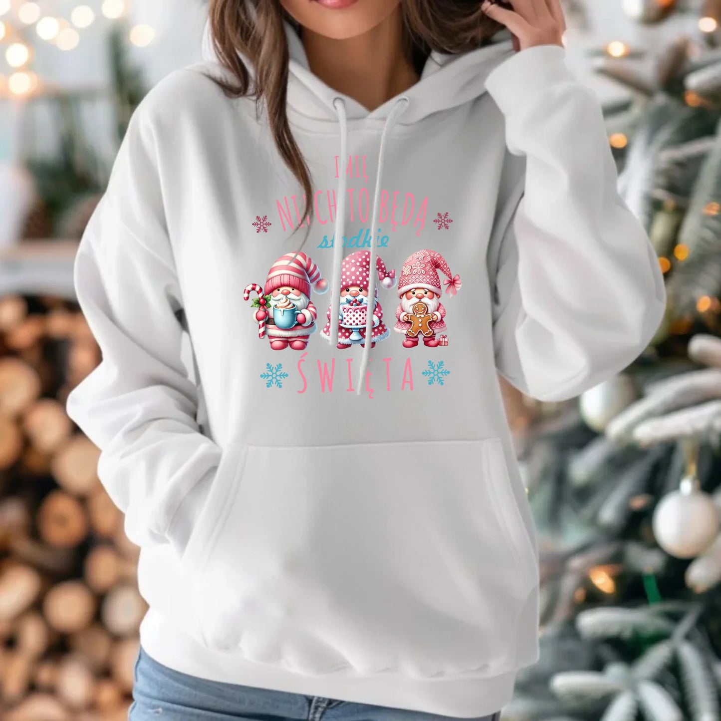 Bluza damska z kapturem świąteczna - Skrzaty Słodkie Święta - personalizowana BN57 - StoryCups.pl