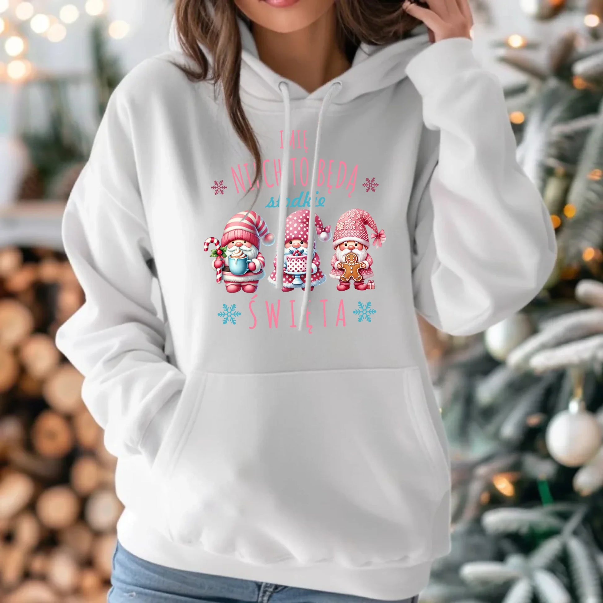 Bluza damska z kapturem świąteczna - Skrzaty Słodkie Święta - personalizowana BN57 - StoryCups.pl