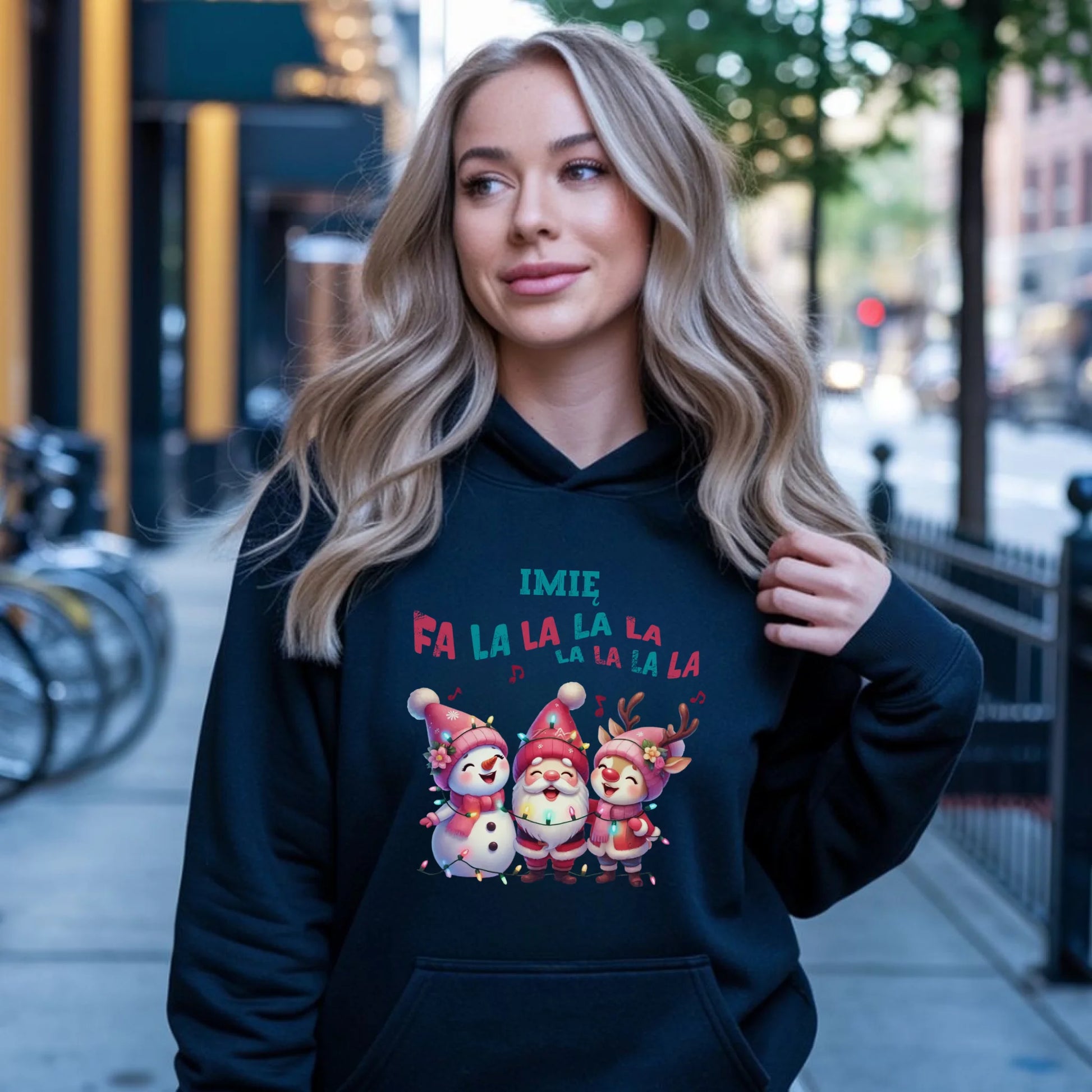 Bluza damska z kapturem świąteczna - Fa la la la - personalizowana BN51 - StoryCups.pl