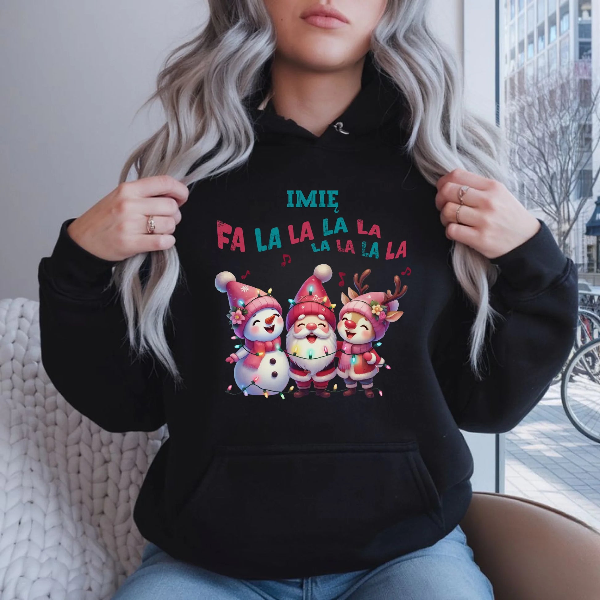 Bluza damska z kapturem świąteczna - Fa la la la - personalizowana BN51 - StoryCups.pl