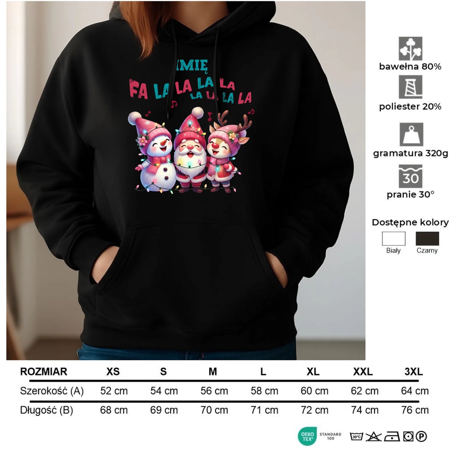 Bluza damska z kapturem świąteczna - Fa la la la - personalizowana BN51 - StoryCups.pl