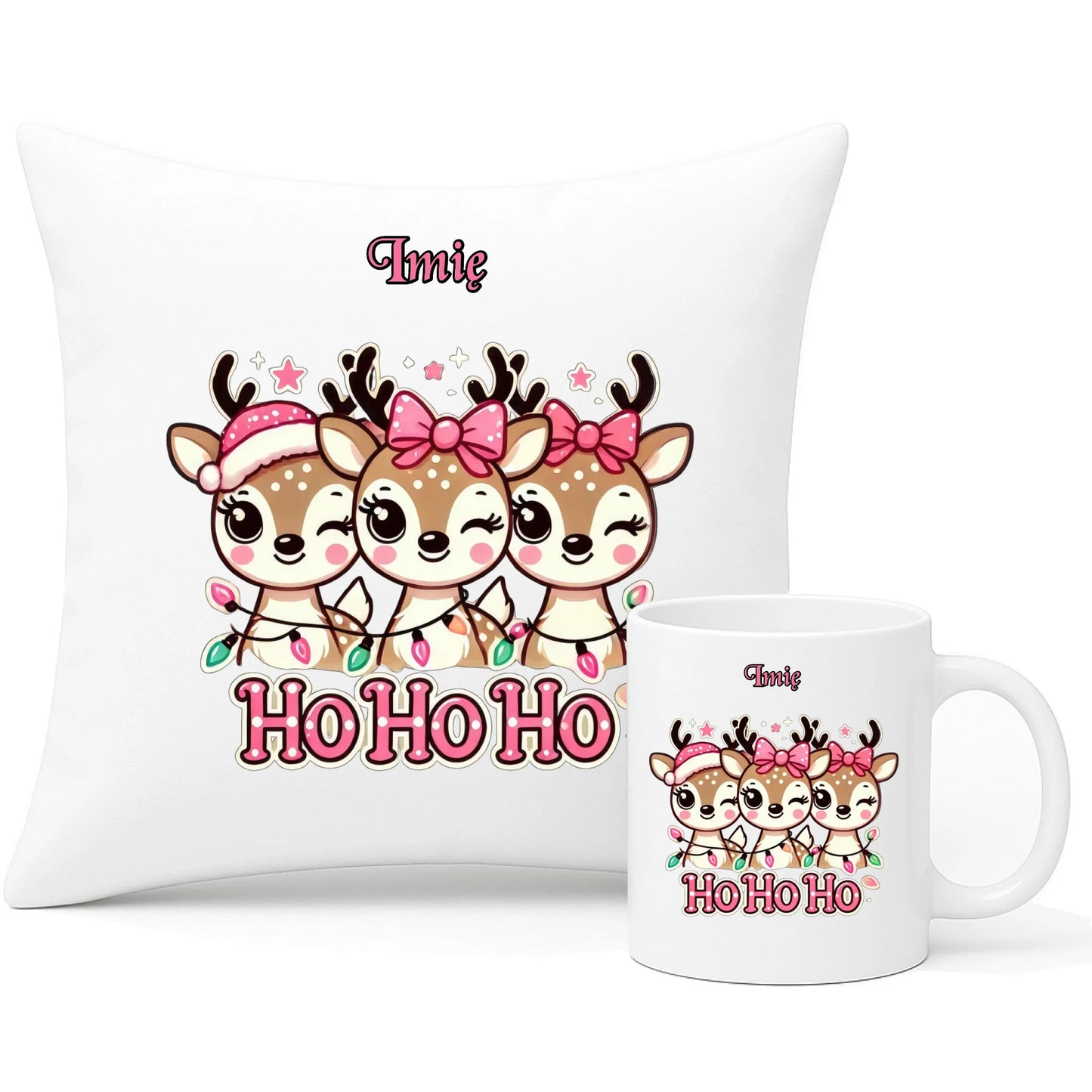 Zestaw poduszka i kubek świąteczny - Ho ho ho Słodkie reniferki - personalizowany BN49 - StoryCups.pl