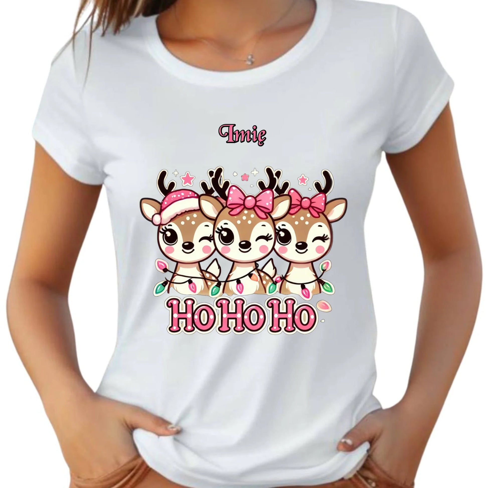 Koszulka damska świąteczna - Ho ho ho Słodkie reniferki - personalizowana BN49 - StoryCups.pl