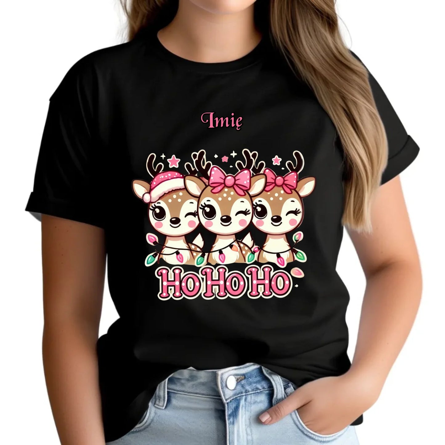 Koszulka damska świąteczna - Ho ho ho Słodkie reniferki - personalizowana BN49 - StoryCups.pl