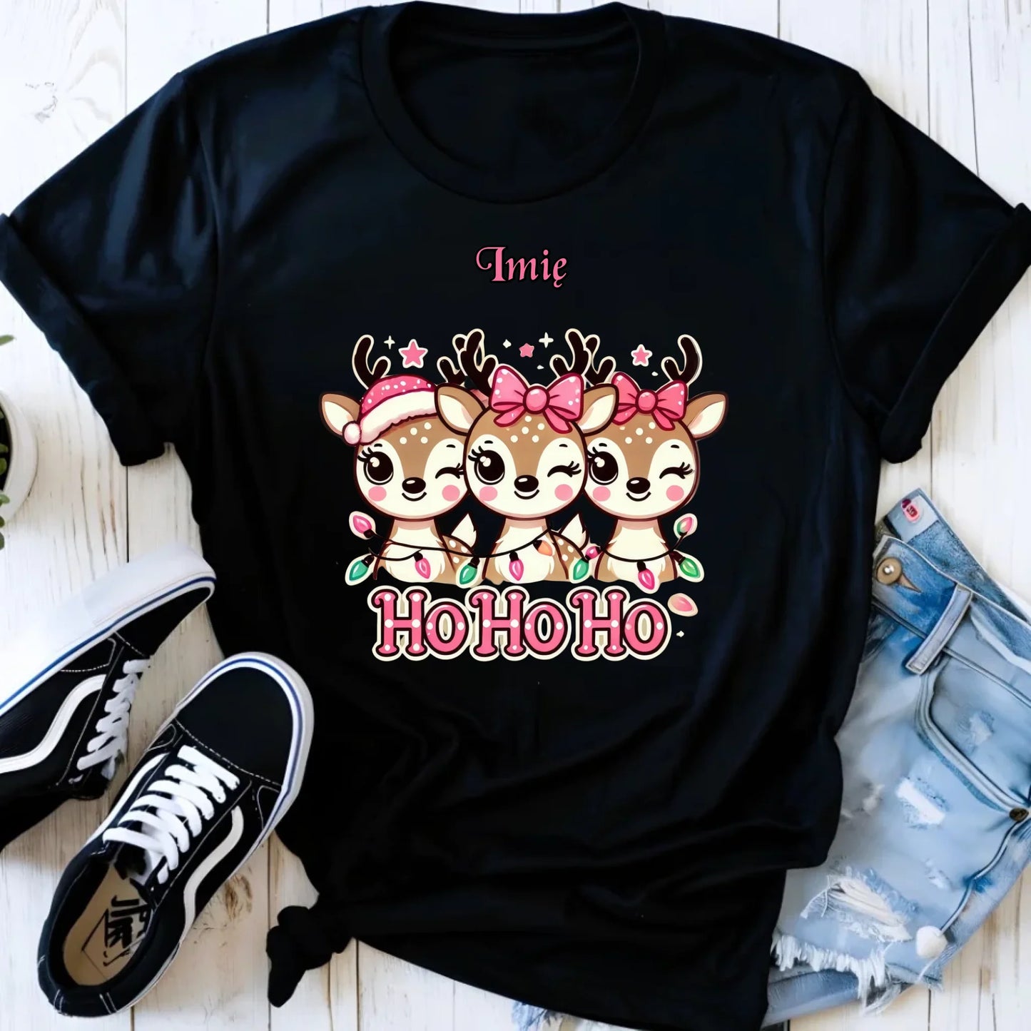 Koszulka damska świąteczna - Ho ho ho Słodkie reniferki - personalizowana BN49 - StoryCups.pl