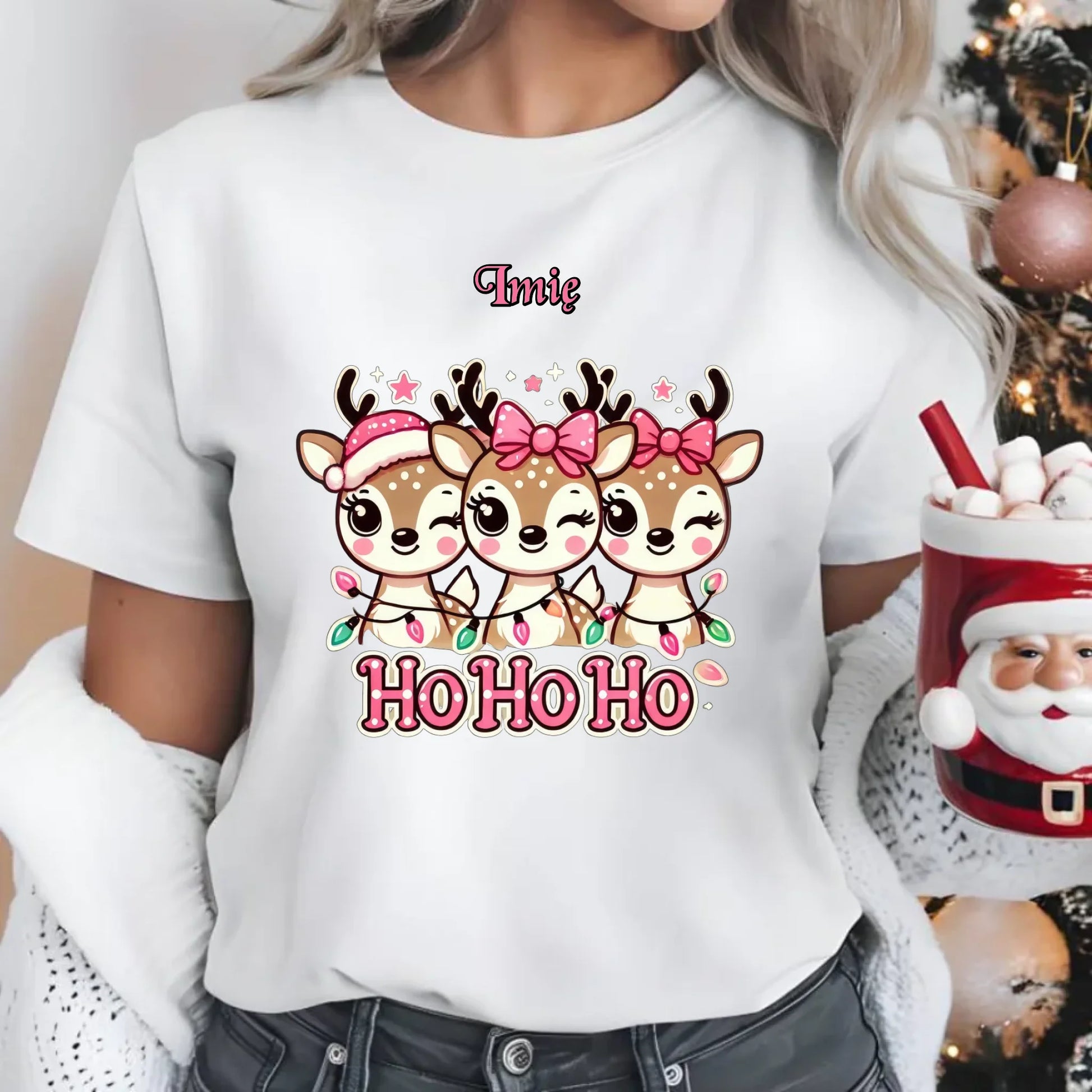 Koszulka damska świąteczna - Ho ho ho Słodkie reniferki - personalizowana BN49 - StoryCups.pl