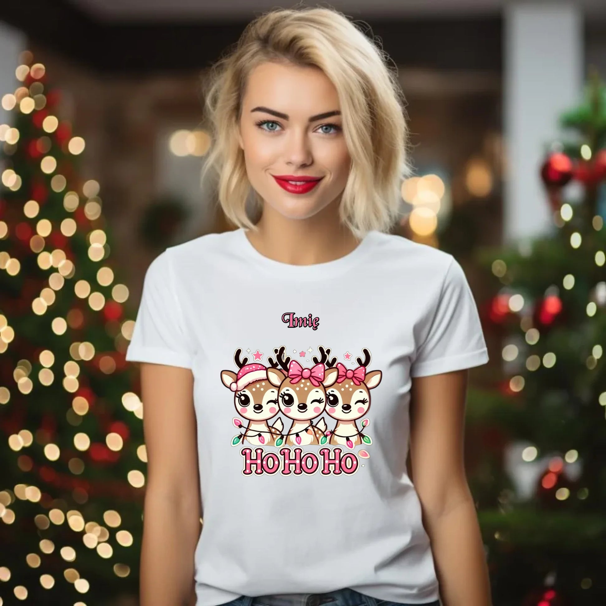 Koszulka damska świąteczna - Ho ho ho Słodkie reniferki - personalizowana BN49 - StoryCups.pl