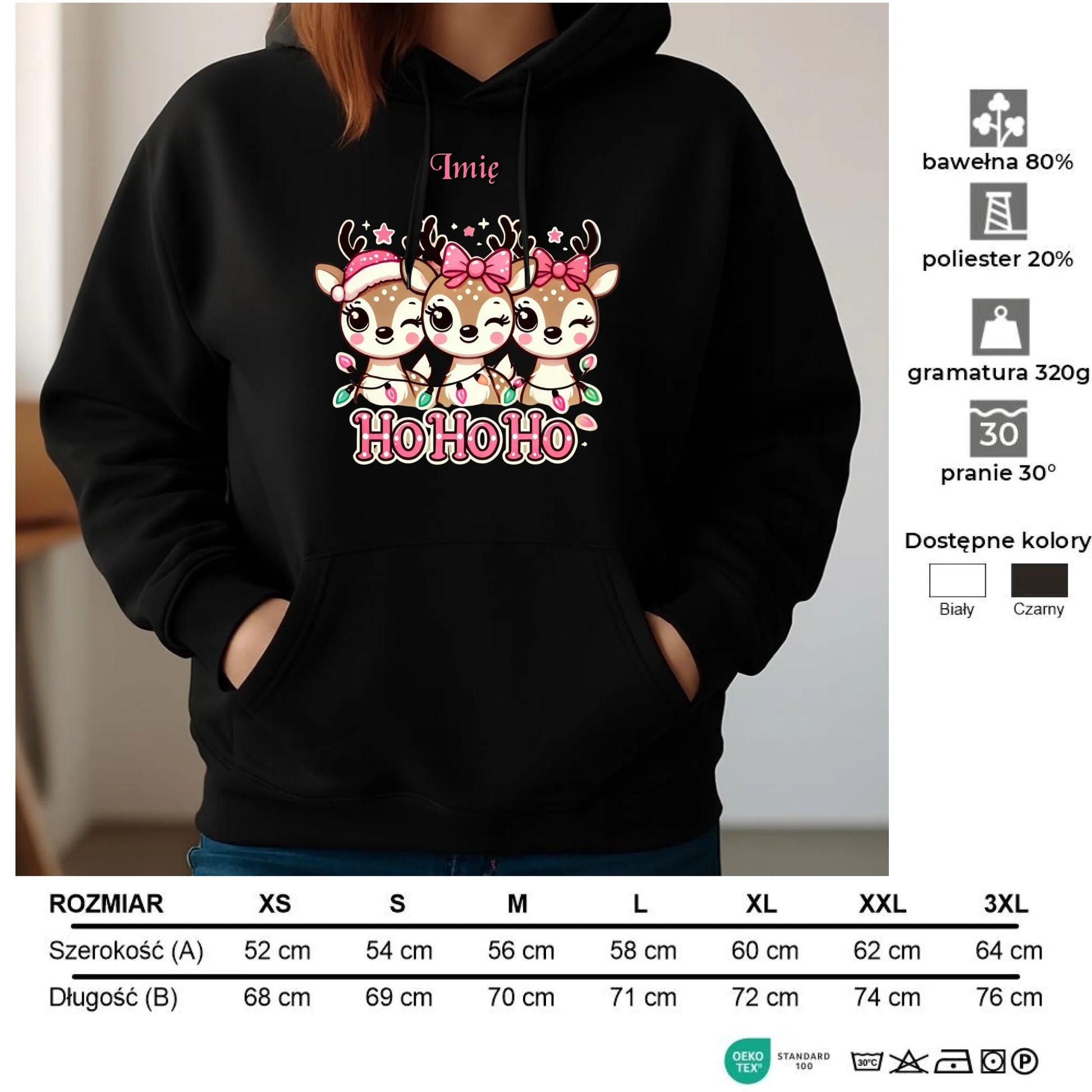 Bluza damska z kapturem świąteczna - Ho ho ho Słodkie reniferki - personalizowana BN49 - StoryCups.pl