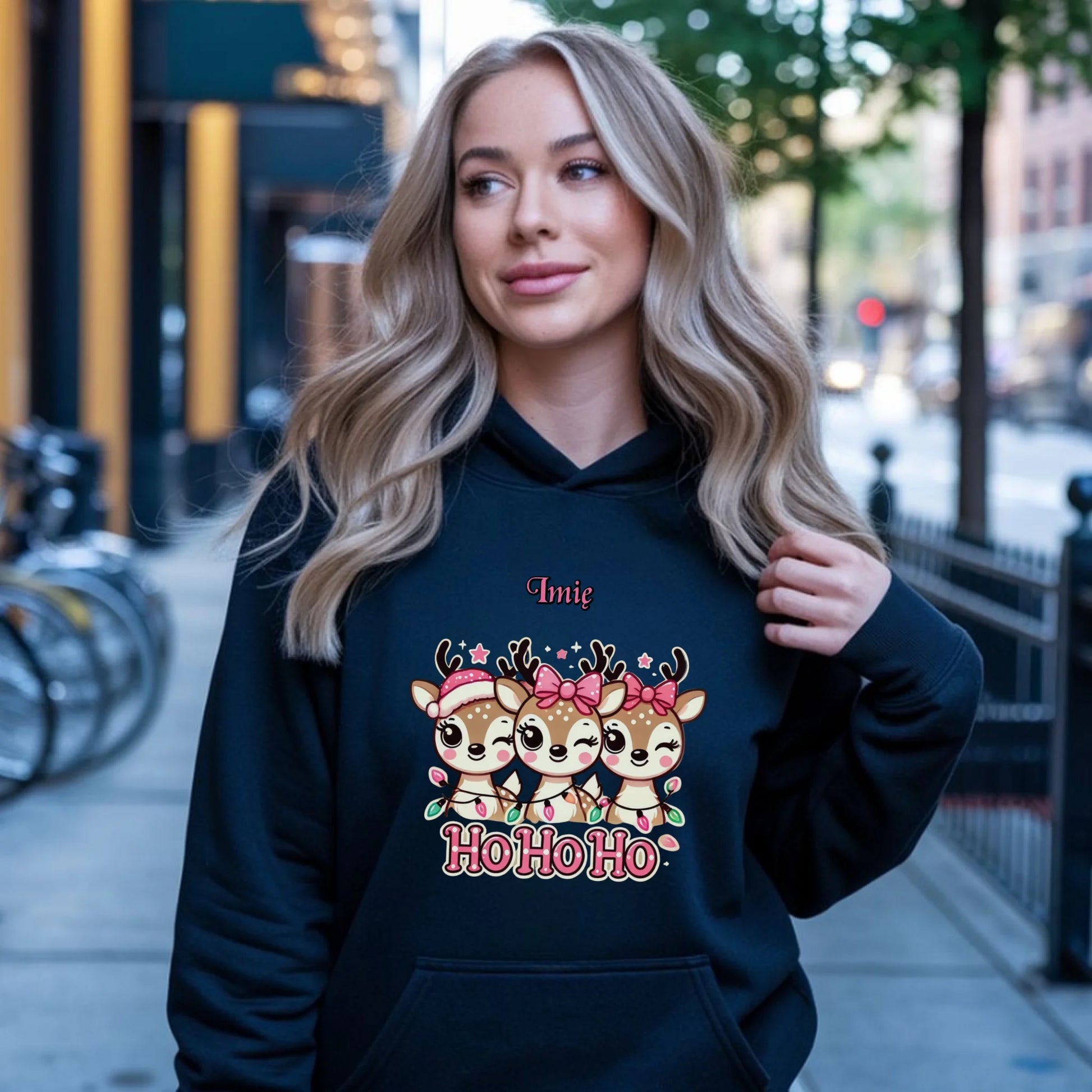 Bluza damska z kapturem świąteczna - Ho ho ho Słodkie reniferki - personalizowana BN49 - StoryCups.pl