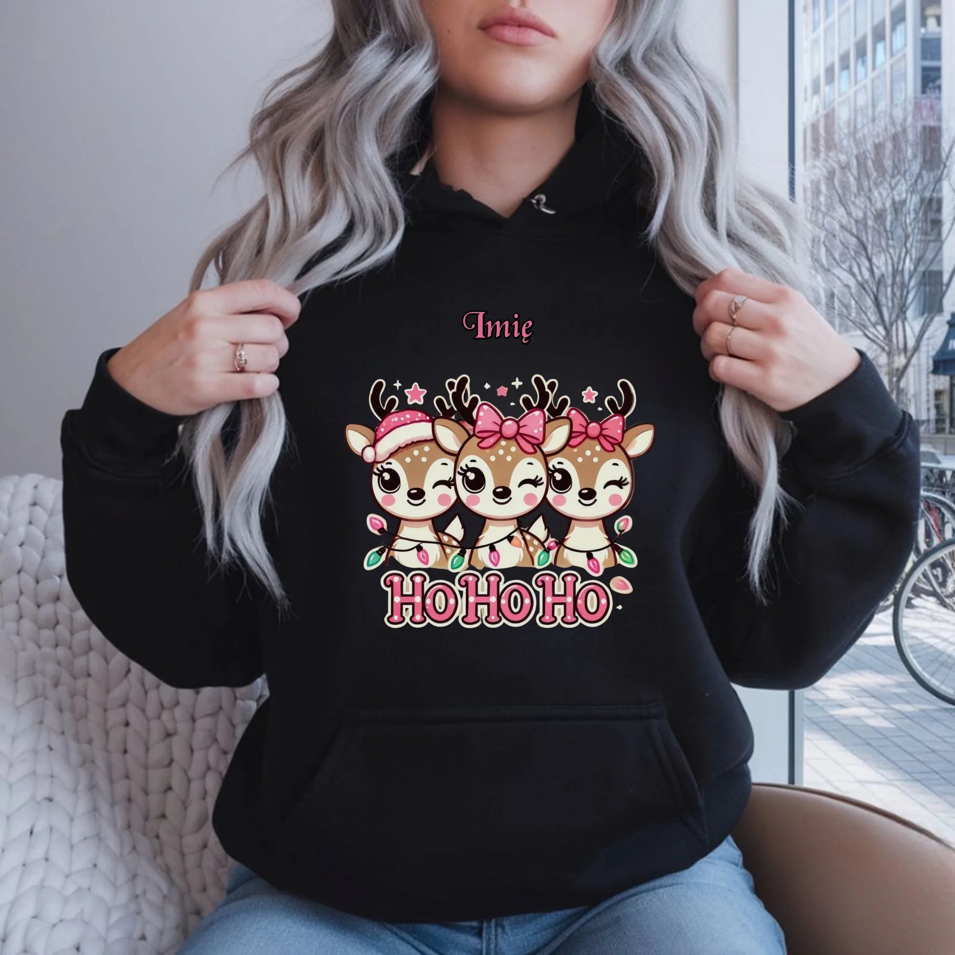Bluza damska z kapturem świąteczna - Ho ho ho Słodkie reniferki - personalizowana BN49 - StoryCups.pl