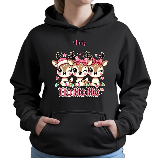 Bluza damska z kapturem świąteczna - Ho ho ho Słodkie reniferki - personalizowana BN49 - StoryCups.pl