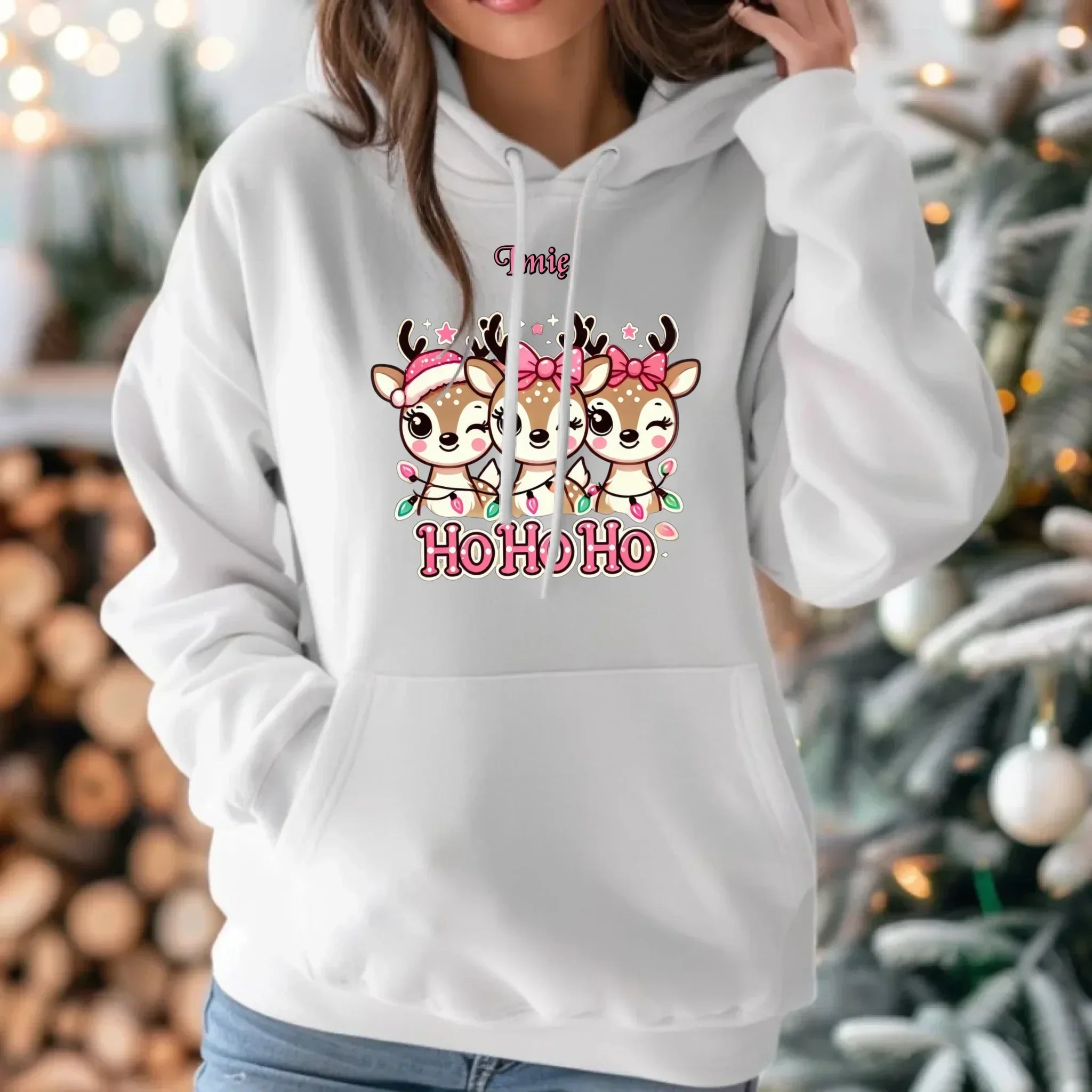 Bluza damska z kapturem świąteczna - Ho ho ho Słodkie reniferki - personalizowana BN49 - StoryCups.pl