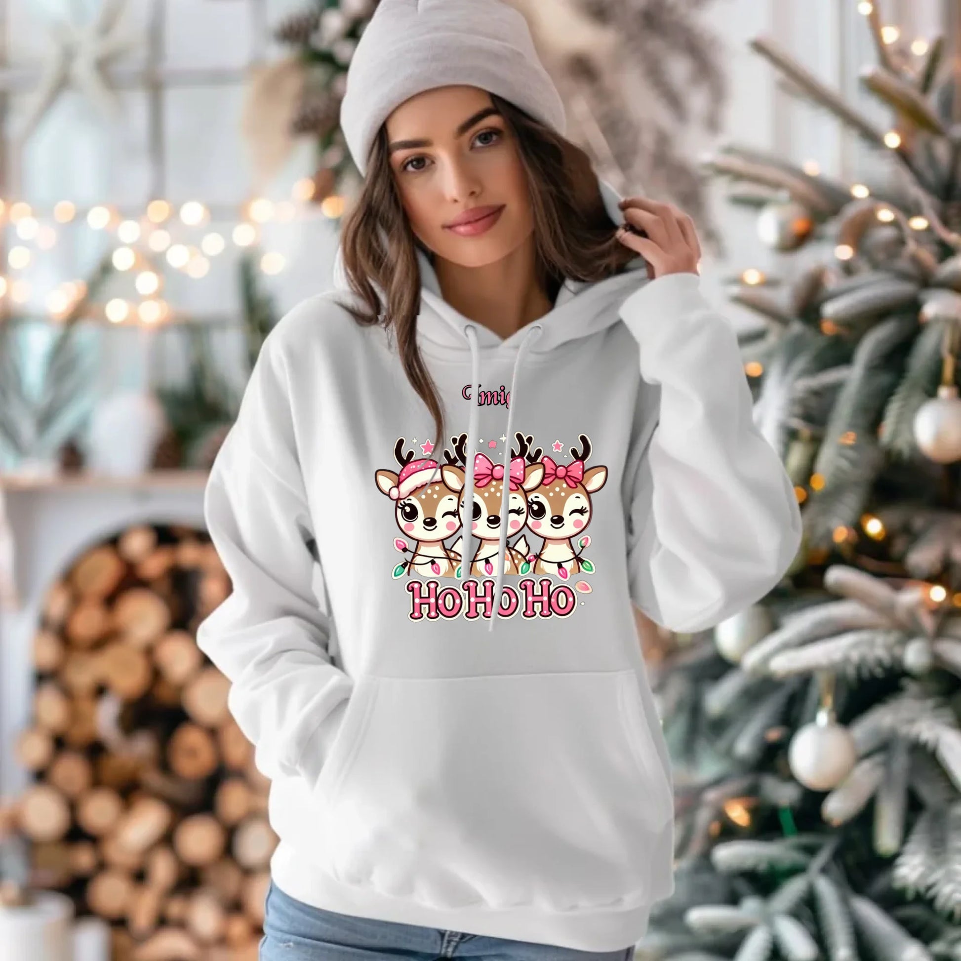Bluza damska z kapturem świąteczna - Ho ho ho Słodkie reniferki - personalizowana BN49 - StoryCups.pl