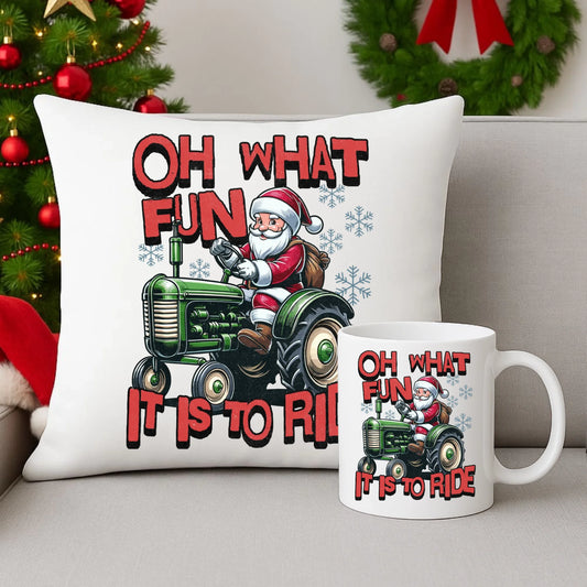 Zestaw poduszka i kubek świąteczny - Mikołaj na traktorze - Oh what fun BN48