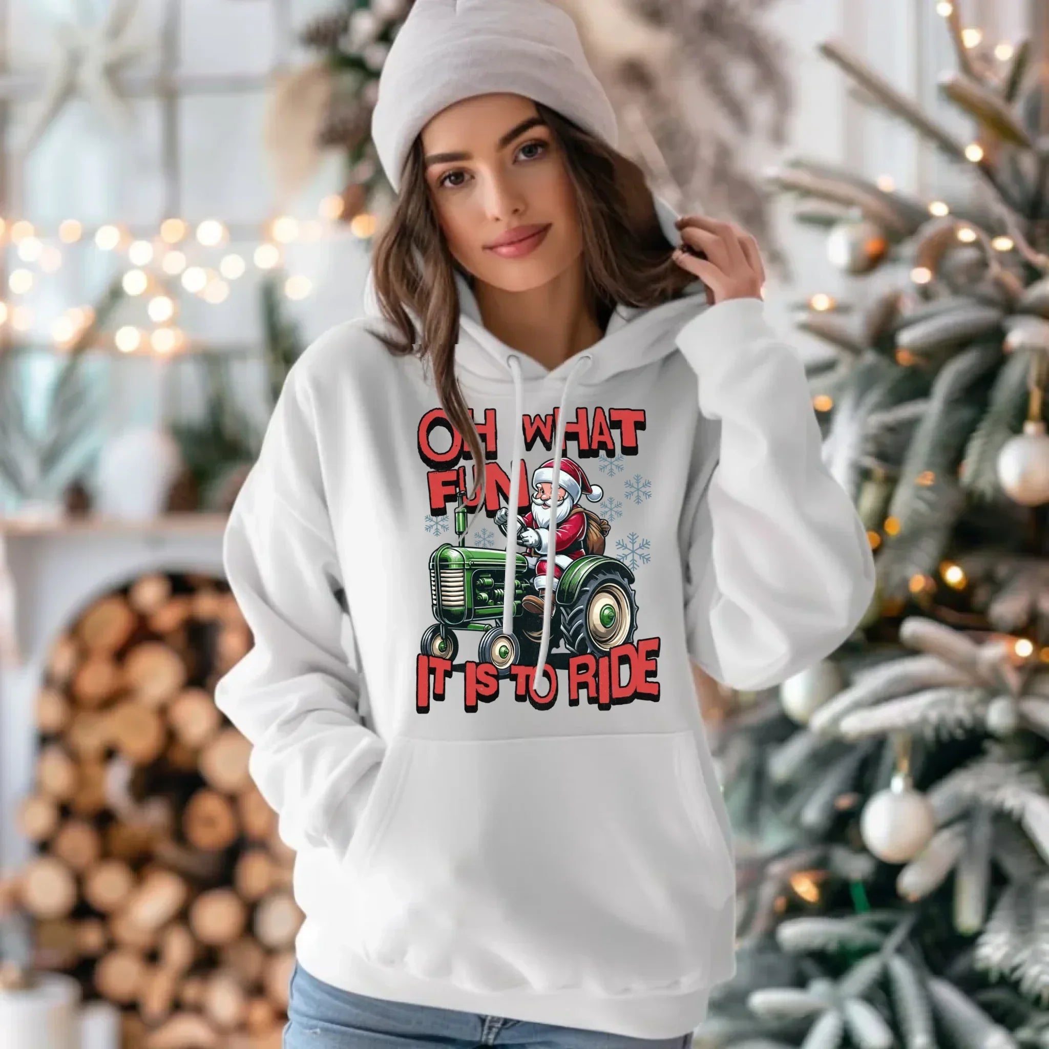 Bluza damska z kapturem świąteczna - Mikołaj na traktorze - Oh what fun BN48 - StoryCups.pl